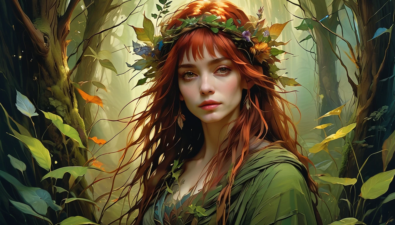 arafed woman with long red hair standing in a foggy forest, inspired by Darek Zabrocki, moody misty fantasy art, atmospheric portrait, ethereal beauty, portrait of a dryad, detailed hair foggy, inspired by Bastien L. Deharme, fantasy photography, woman in a dark forest, fantasy portrait, forest soul, beautiful with eerie vibes --auto --s2