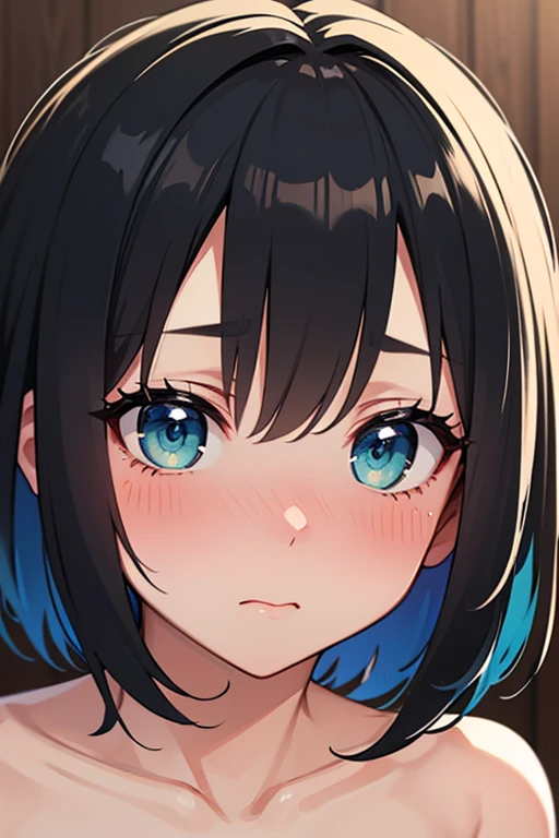 masterpiece, best quality, Ultra-high resolution, Beautiful and fine hair,Delicate face, Perfect female face, Double ponytail hairstyle, Black Hair, (:1.4), Breast sagging, Huge cleavage,Mai Shiranui'Costumes in the King of Fighters game, Hair accessories,(:1.8), Breast sagging, Huge cleavage, Squeeze the accessory breast outward,Chest compressions,Face flushed with shame,transparent,Completely naked