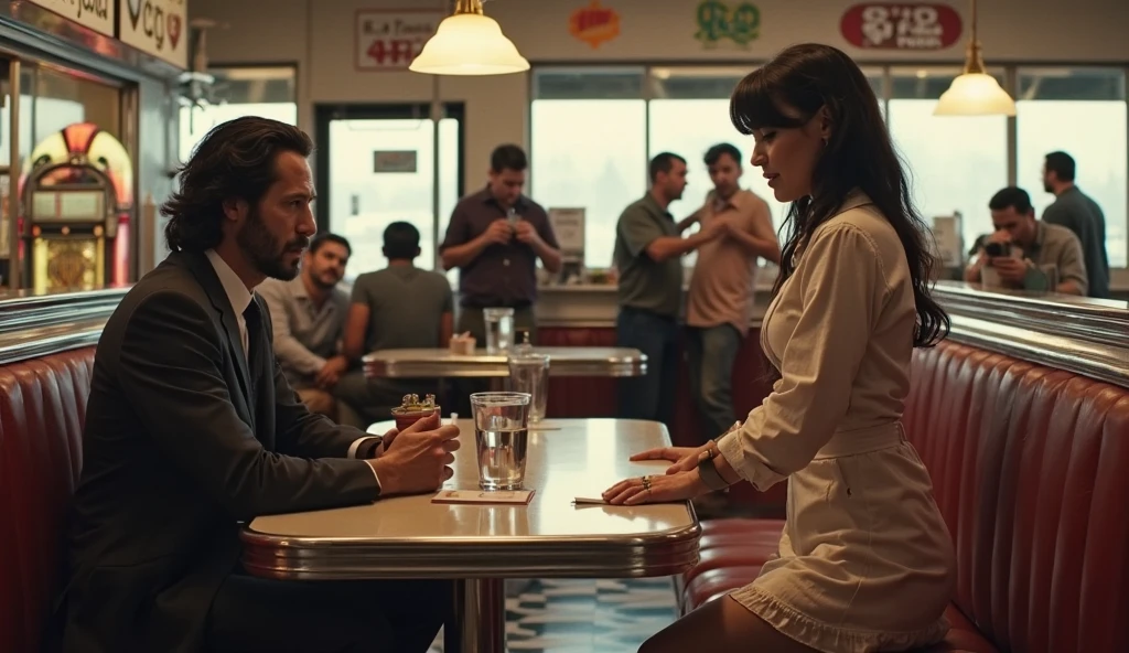 Elena hesitates, then stands up. She walks over to the counter where the MAN, ALEX, is placing his order.]