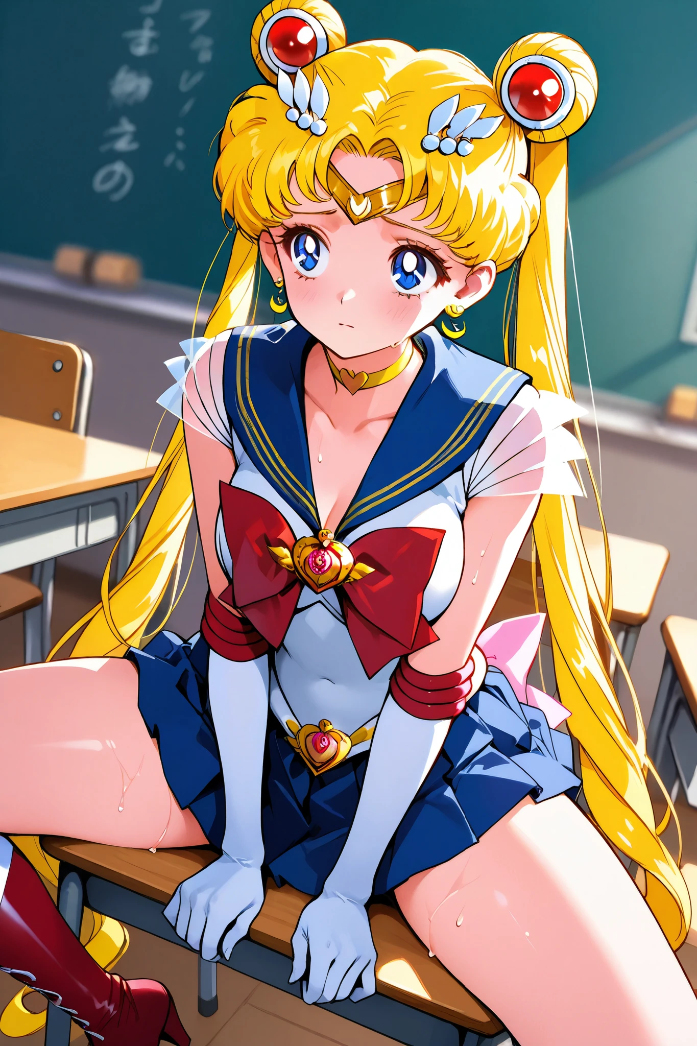super sailor moon,1 female,solo,
back,look up,from below,
double bang,blonde hair,twin tail,circlet,
Blonde,ponytail,very long hair,
red hair ribbon,bangs with a split,
colored inner hair,
blue eyes,beautiful eyes,big eyes,
slant eyes,long eyelashes,sleeping eyes,
sailor warrior uniform(1.3),
white breast,red ribbon,
navy blue miniskirt,pleated skirt,
white panty,
white elbow gloves,
jewelry,earrings,choker,
red lace-up boots,thigh-length boots,
high heels,
beautiful legs,very thin thighs,thin calves,
medium breasts,thin waist,
perfect face,beautiful skin,
sad,painful,sweaty,incontinence,
sitting,spread legs,cowboy shot,dutch angle,
Anatomically correct,
masterpiece,best quality,super detailed,
blurred background,
indoor,school,classroom,desk,chair,blackboard