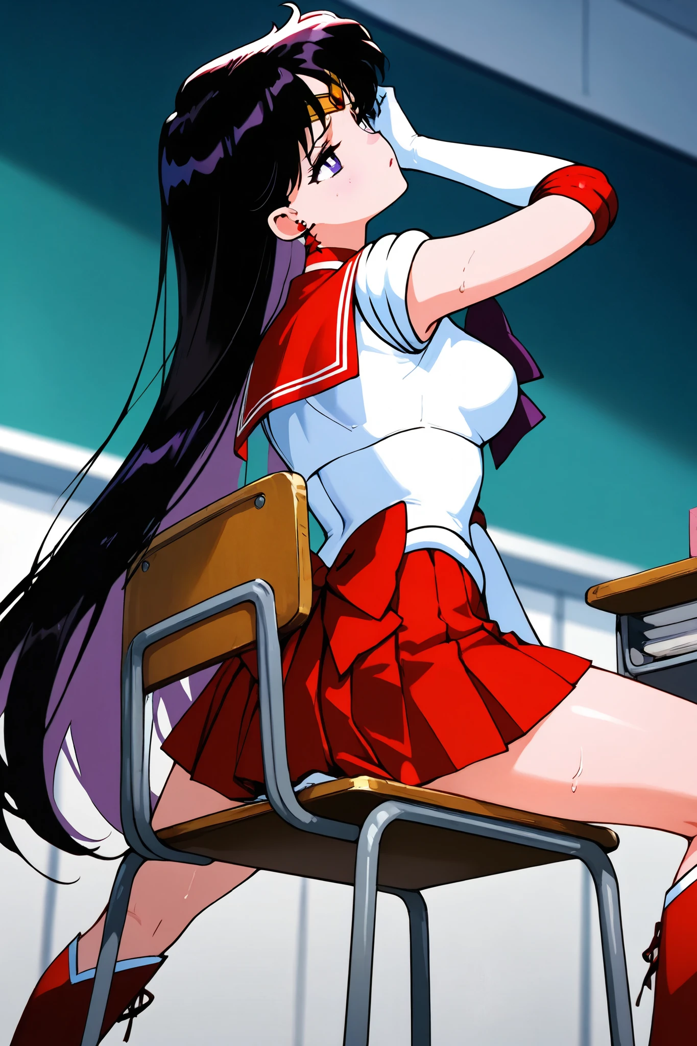 sailor_ mars,1 female,solo,
back,look up,from below,
black hair,headband,long hair,
bangs with a split,colored inner hair,
purple eyes,beautiful eyes,big eyes,
slant eyes,long eyelashes,sleeping eyes,
sailor warrior uniform(1.3),
red sailor color,white breast,red ribbon,
red skirt,micro miniskirt,pleated skirt,
white panty,
jewelry,earrings,
red lace-up boots,thigh-length boots,
high heels,
white elbow gloves,
beautiful legs,very thin thighs,thin calves,
medium breasts,thin waist,
perfect face,beautiful skin,
sad,painful,sweaty,incontinence,
sitting,spread legs,cowboy shot,dutch angle,
Anatomically correct,
masterpiece,best quality,super detailed,
blurred background,
indoor,school,classroom,desk,chair,blackboard