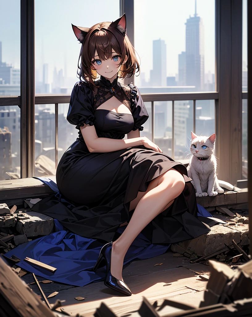 1 girl, marci, brown hair, short ponytail, yellow eyes, detailed eyes, white stockings, ((naked apron)), (catgirl), (cat ears), (big muscles), (laying on the floor), (sleep), anime