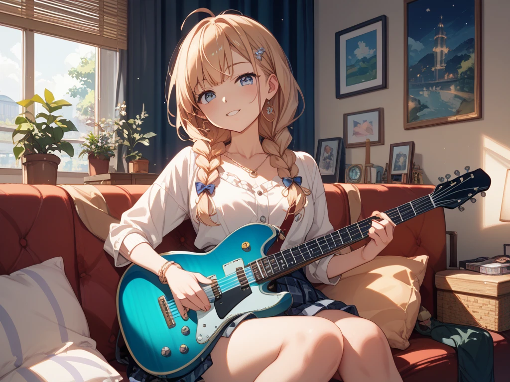 night、while relaxing、in the room、girl、 hair is braided、top quality、Loungewear、穏やかなnight、While playing the guitar、warm