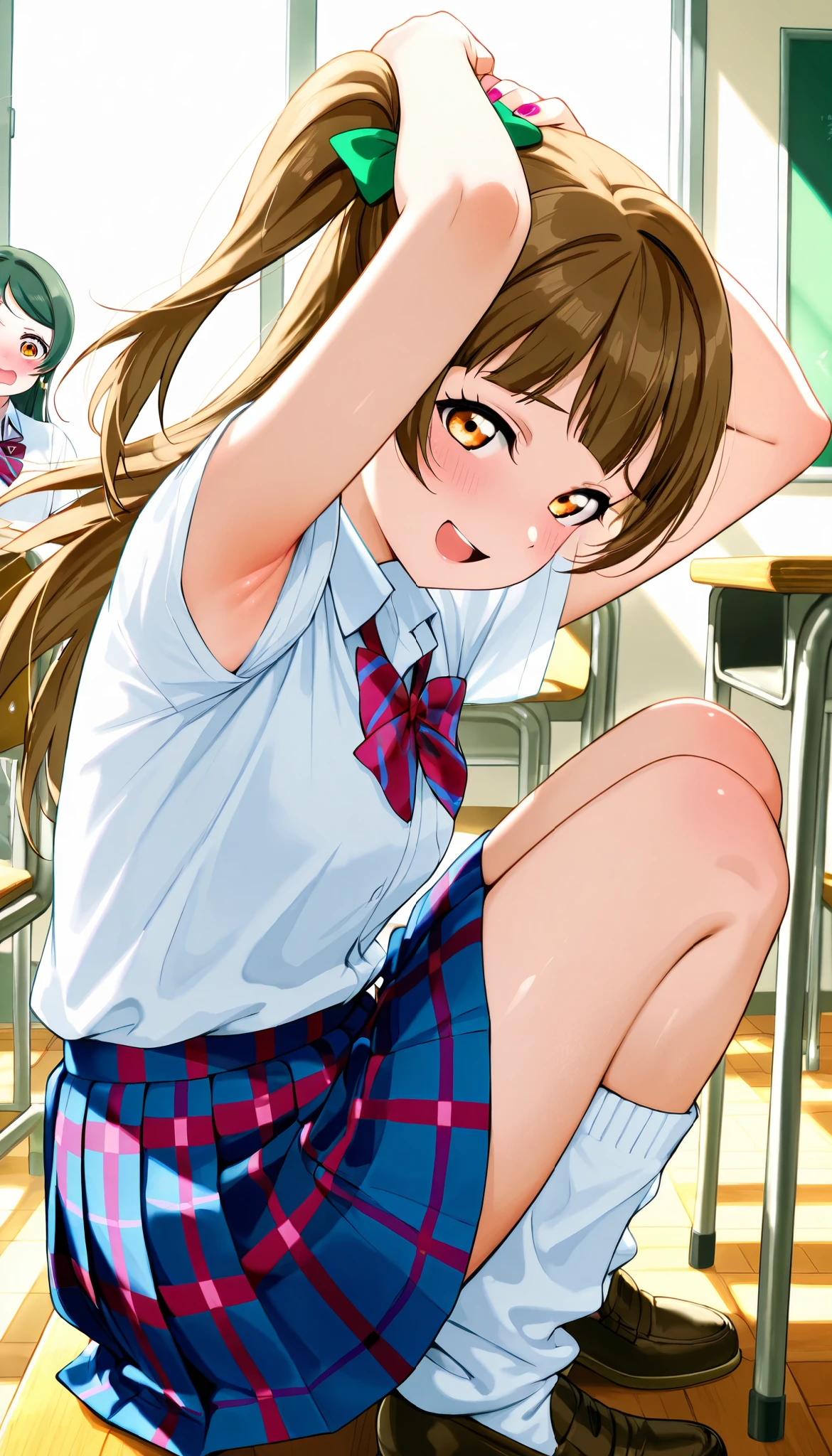 lovelive_kotori,
gyaru, shirt, plaid, bow, blush, white shirt, hair ornament, nail polish, plaid skirt, bowtie, pleated skirt, clevage, white sock, loose socks,school shoes, white shose,, grayish brown hair, green hair bow, bangs, one side up, long hair, amber eyes,

,BREAK, armpit, arms over head, focus on armpit,
smile, ,scorn,open mouth, (cheerful),looking down at viewer,\(red blush\), embarrassed, 

BREAK,

,sitting,looking down at viewer,Squatting, 
from side,show armpit from short sleeves,

((masutepiece,hight resolution)), masutepiece, Best Quality, , absurderes, Perfect Skin, Detailed skin texture, ultra-detailliert, 8K, Intricate details, beautifull detailed face,hight resolution, 1girl ,from front,

indoors,class room