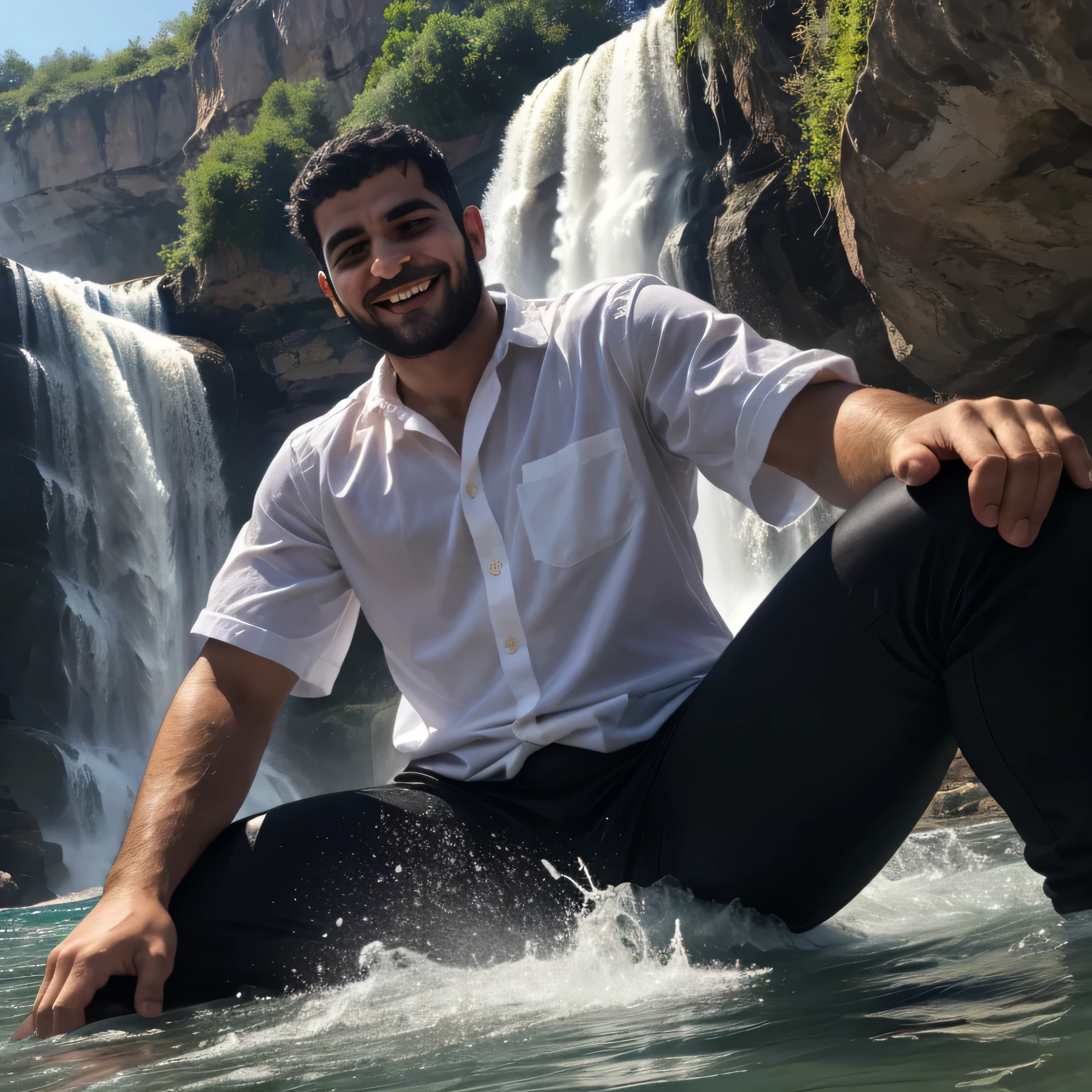 29 years old、handsome guy , 1 man,white shirt、 black hair、Short Hair、Natural short hair perm、sea、waterfall slide　In the water、 as seen from below。　up your upper body 　 Menacing look　　black slim pants looking into the ocean　　 black gloves、　up your upper body　black slim pants　 as seen from below。　up your upper body　Iraqi Faces　　black slim pants looking into the ocean　　Dark Stubborn　up your upper body　　Dark Stubborn　Dark Stubborn　camera　Running up　Coming over here 　Crouching Smiling　up your upper body