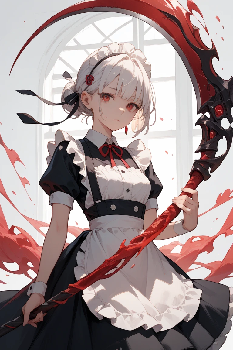 A white-haired, red-eyed woman in a maid outfit wearing panty shots