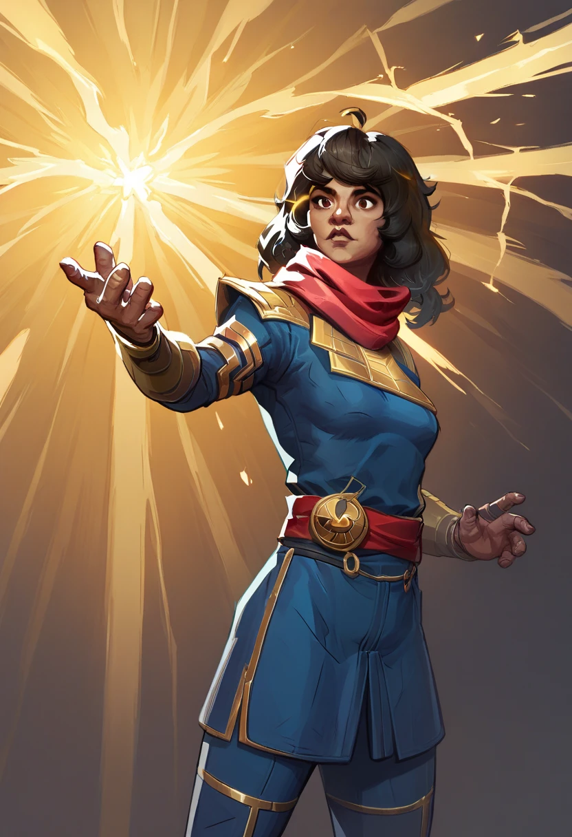 Ms. Marvel, also known as Kamala Khan, has a vibrant and distinctive costume that reflects her youthful and dynamic personality. Here are the key details:
- **Color Scheme:** Predominantly blue, red, and gold.
- **Tunic:** A blue tunic with a yellow lightning bolt design running down the front and yellow trim at the bottom.
- **Leggings and Shirt:** Red leggings and a red long-sleeved shirt worn under the tunic.
- **Bracers:** Gold bracers on her left arm.
- **Boots:** Blue boots that match the tunic.
- **Scarf:** A red scarf flowing behind her, adding a dynamic element to her appearance.
- **Embiggened Limbs:** Her right arm is often depicted disproportionately large, showcasing her ability to embiggen her limbs.
