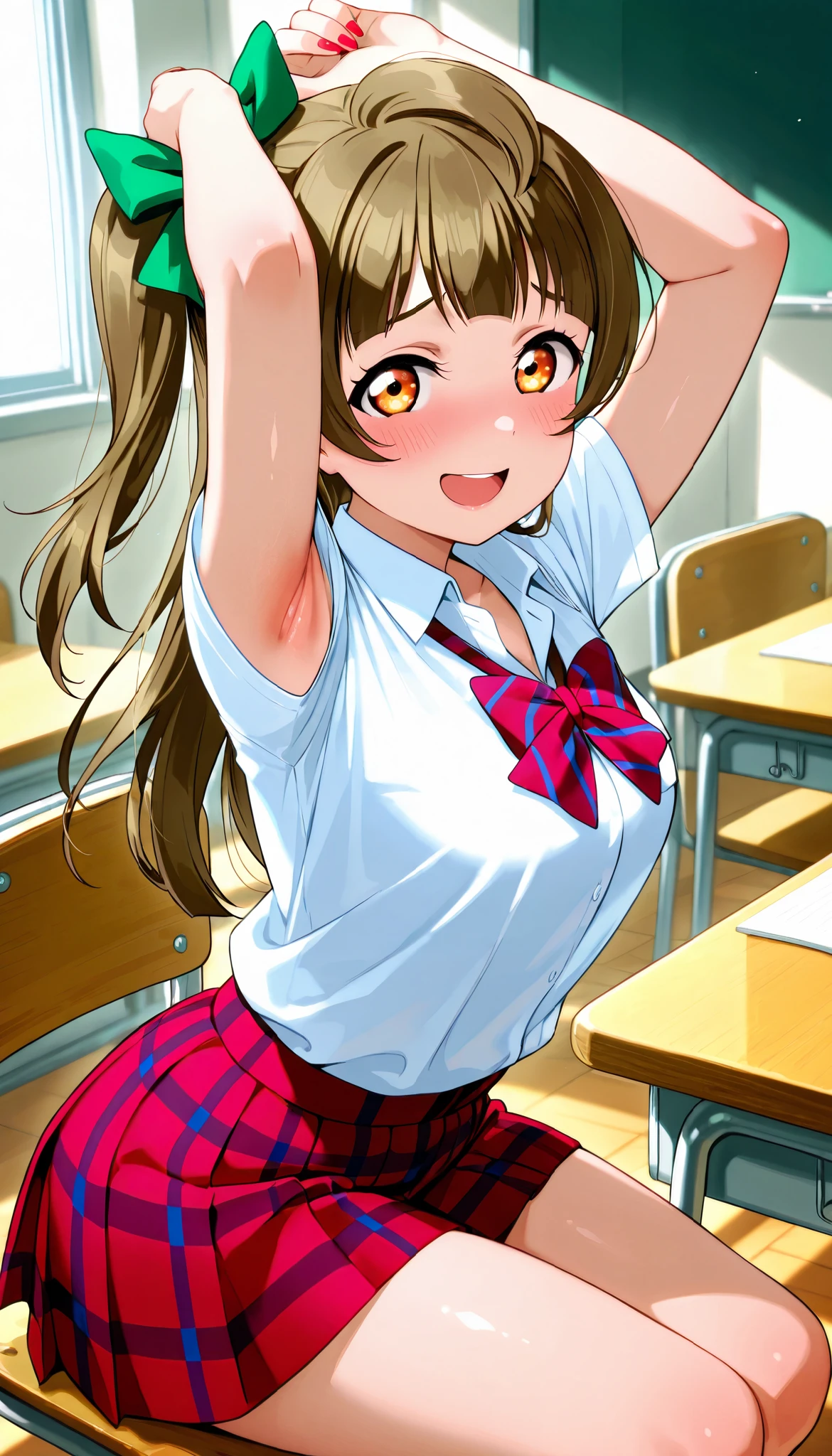 lovelive_kotori,
gyaru, shirt, plaid, bow, blush, white shirt, hair ornament, nail polish, plaid skirt, bowtie, pleated skirt, clevage, grayish brown hair, green hair bow, bangs, one side up, long hair, amber eyes,
,BREAK, armpit, arms over head, focus on armpit,
smile, ,scorn,open mouth, (cheerful),looking down at viewer,\(red blush\), embarrassed,
BREAK,
,sitting,looking down at viewer,Squatting,
from side,show armpit from short sleeves,
((masutepiece,hight resolution)), masutepiece, Best Quality, , absurderes, Perfect Skin, Detailed skin texture, ultra-detailliert, 8K, Intricate details, beautifull detailed face,hight resolution, 1girl ,from front,
indoors,class room