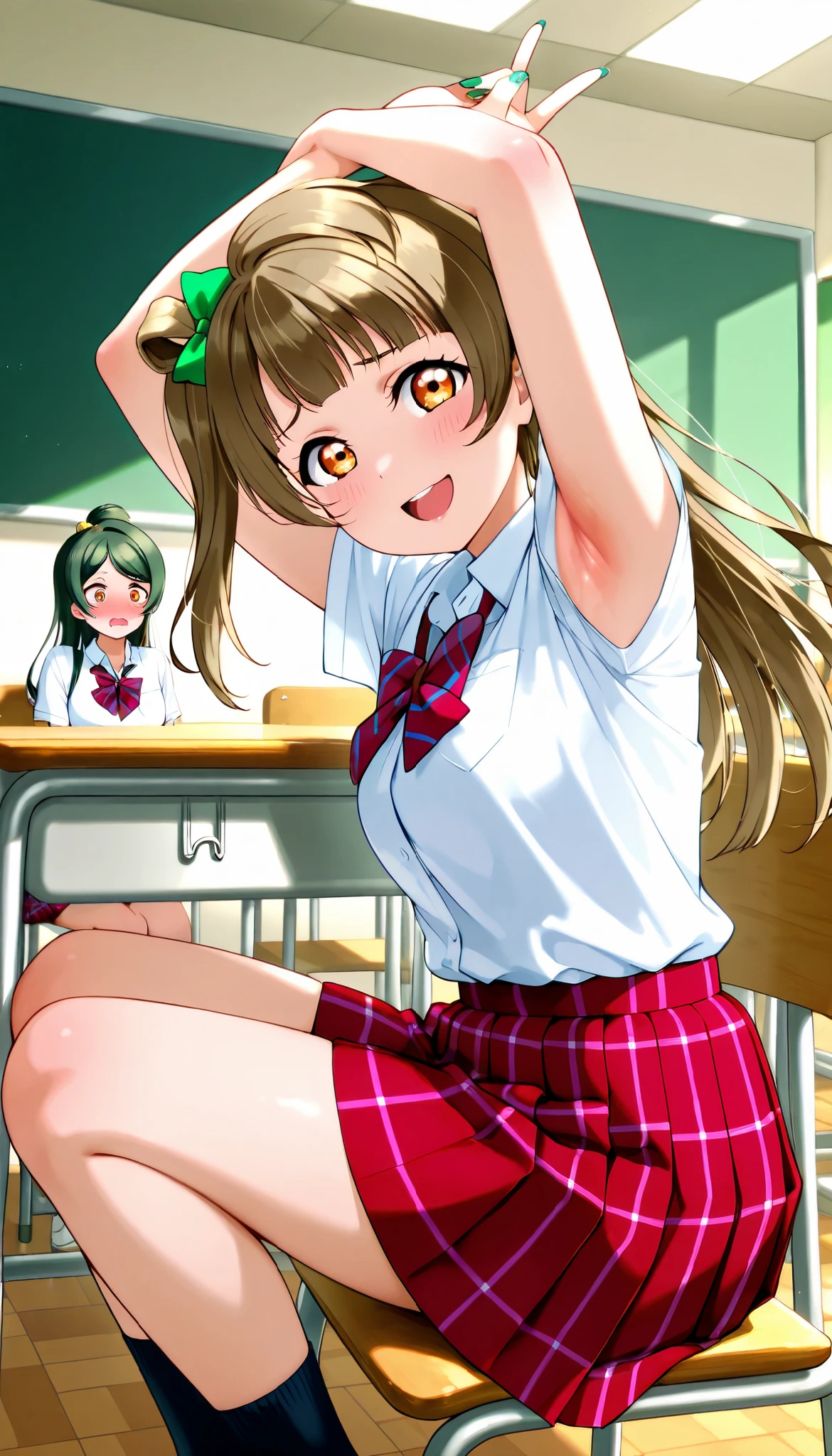 lovelive_kotori,
gyaru, shirt, plaid, bow, blush, white shirt, hair ornament, nail polish, plaid skirt, bowtie, pleated skirt, clevage, grayish brown hair, green hair bow, bangs, one side up, long hair, amber eyes,
,BREAK, armpit, arms over head, focus on armpit,
smile, ,scorn,open mouth, (cheerful),looking down at viewer,\(red blush\), embarrassed,
BREAK,
,sitting,looking down at viewer,Squatting,
from side,show armpit from short sleeves,
((masutepiece,hight resolution)), masutepiece, Best Quality, , absurderes, Perfect Skin, Detailed skin texture, ultra-detailliert, 8K, Intricate details, beautifull detailed face,hight resolution, 1girl ,from front,
indoors,class room