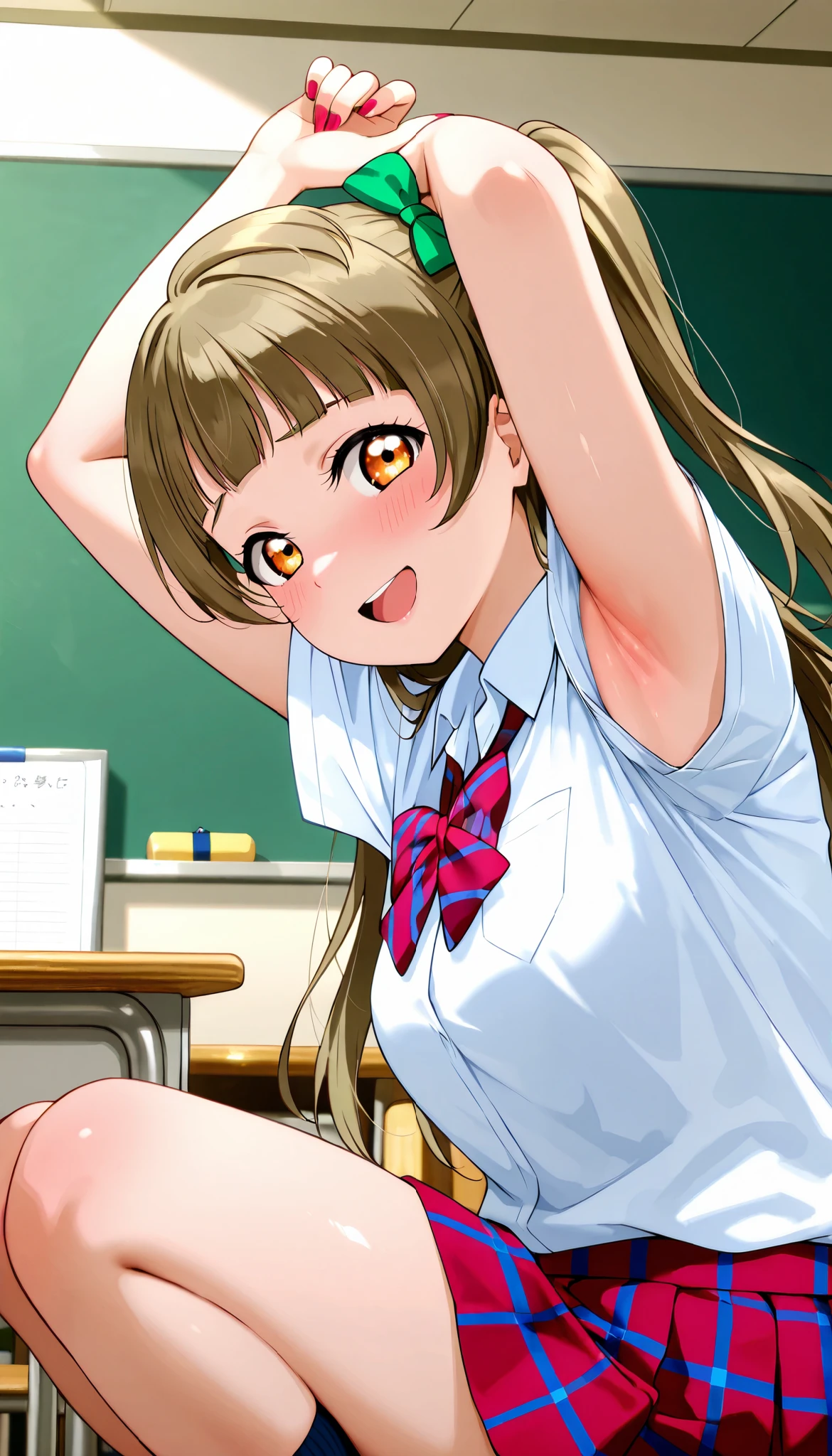 lovelive_kotori,
gyaru, shirt, plaid, bow, blush, white shirt, hair ornament, nail polish, plaid skirt, bowtie, pleated skirt, clevage, grayish brown hair, green hair bow, bangs, one side up, long hair, amber eyes,
,BREAK, armpit, arms over head, focus on armpit,
smile, ,scorn,open mouth, (cheerful),looking down at viewer,\(red blush\), embarrassed,
BREAK,
,sitting,looking down at viewer,Squatting,
from side,show armpit from short sleeves,
((masutepiece,hight resolution)), masutepiece, Best Quality, , absurderes, Perfect Skin, Detailed skin texture, ultra-detailliert, 8K, Intricate details, beautifull detailed face,hight resolution, 1girl ,from front,
indoors,class room