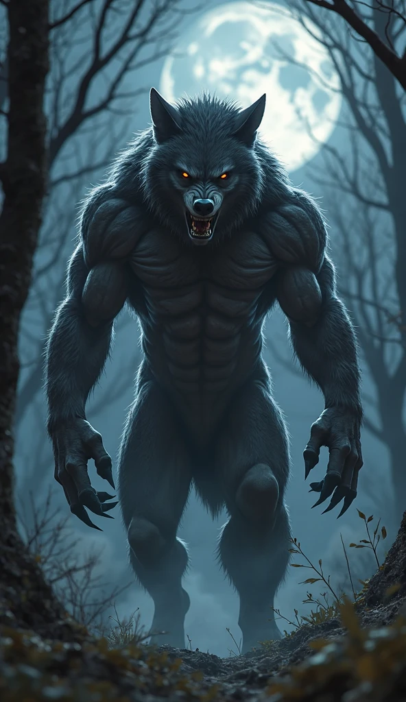 An image of a man in the form of a standing werewolf, looking straight ahead,  in the forest with full moon, PICTURE REALISTIC, high resolution, 8K 