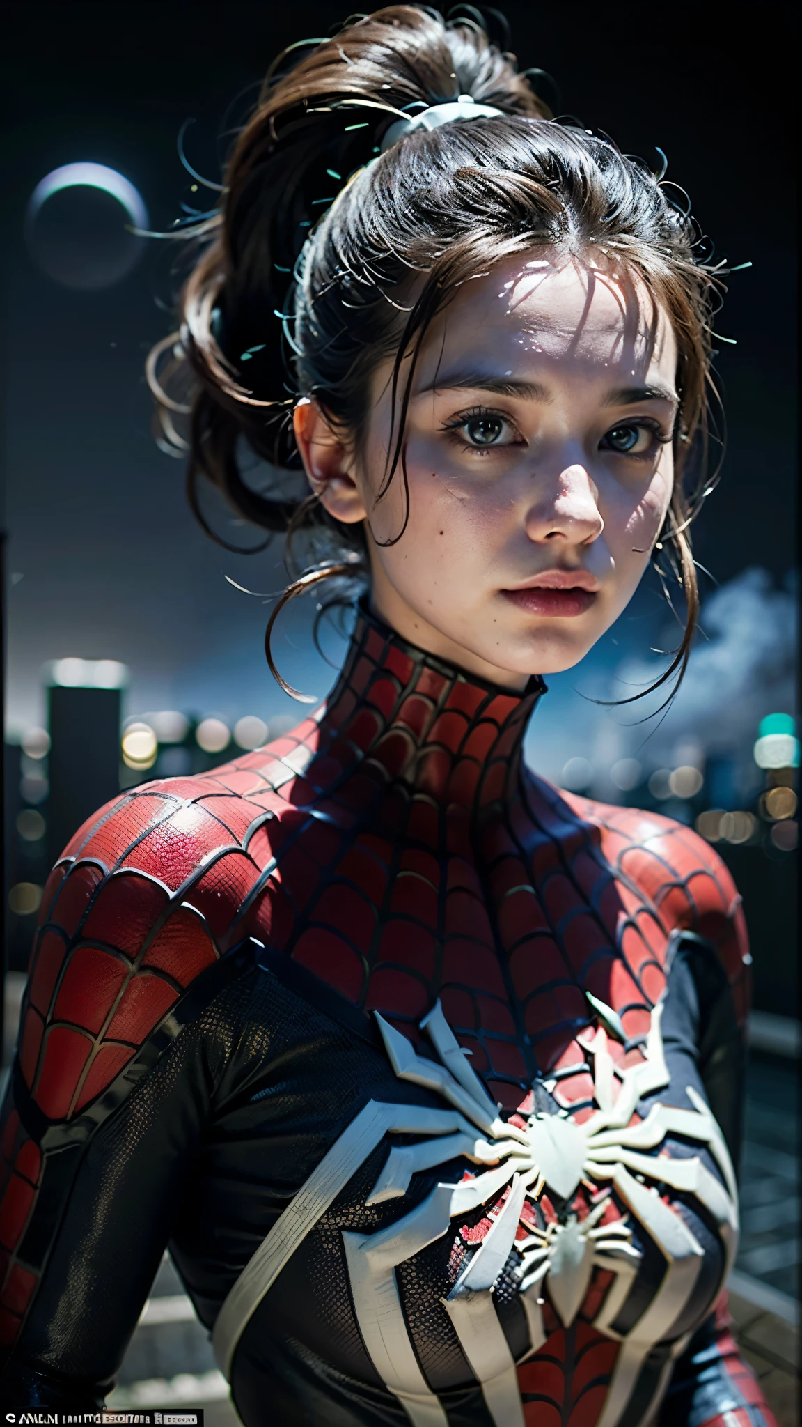 (1 girl:1.3), Alone, (((Very detailed face)))), ((very detailed eyes and face.)))), beautifuls detalles ojos, body parts__, official art, 8k unified wallpaper, Super detailed, beautiful and beautiful, beautiful, masterpiece, Best Quality, original, masterpiece, super fine photo, Best Quality, super high resolution, realistic realism, sunlight, full body portrait, extraordinary beauty, dynamic pose, delicate face, vibrant eyes, (from the front), He wears a Spider-Man suit., Red and black color scheme, spider, fondo muy detallado del ceiling de la ciudad, ceiling, with city views, detailed face, detailed complex busy background, disordered, gorgeous, milky white, very detailed skin, realistic skin details, visible pores, clear focus, volumetric fog, 8k hd, DSLR, high quality, film grain, White skin, photographic realism, lomography, Futuristic dystopian megalopolis, translucent