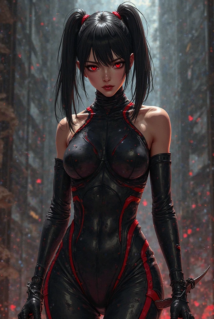 Uchiha Itachi delicate upper body Sharingan, anime girl, uchiha, high-quality, 8k, ruins background, burning ruins background, fire everywhere background, Akatsuki tight suit, Akatsuki symbol, black hair