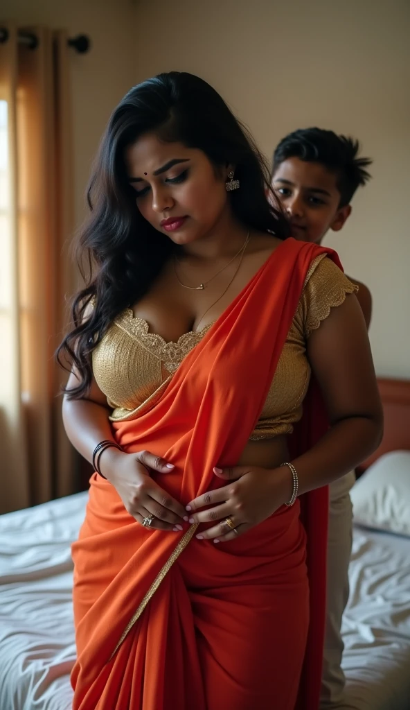 Couple, Indian female teacher with long hair, big breasts, big ass, short, big hips, wearing saree, indian teen boy, tall, buzz cut, wearing , detailed, front pose. 