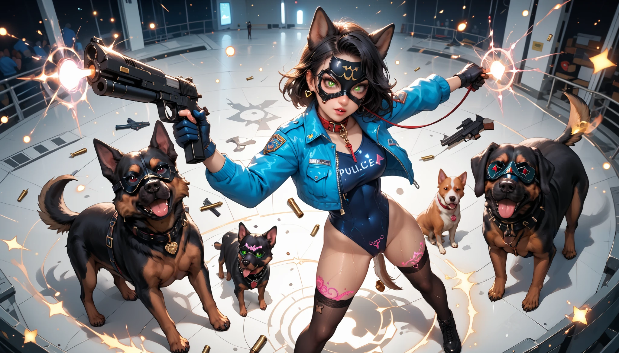 Countless bullets stand still in the air, A magic barrier stops bullets,(They're fighting a battle with guns at the ready:1.3), young beautiful woman transformed by a playful yet benevolent magic that enhances her mystical aura, dog ears, (ethereal design dark brown police jacket and shibari and crotchless short pants with butt plug:0.99), Collar with leash, gloves with sharp claws,(dog eye mask:1.6),dark brown thigh-high stockings with glowing rune pattern, Expression of enduring heat as she embraces her magical transformation,(flushed skin:0.7),heart-shaped pupils, green glowing eyes imitating a dog, Leotards and other costumes has a star pattern that symbolizes the ability to manipulate space, The long flowing light-emitting black hair, (magic flows from her hands forming swirling patterns in the air:0.9),(well-trained body:1.6),(huge tits:1.3),(covered nipples:0.7),(suntan:1.2),(Pubic hair:0.7),(underarm hair:0.99),(camel toe:0.6),(They all wet their crotches with love juice:0.9),(erotic tattoo on the leg groin), The image is in anime and manga art style,(from above:1.12), Dynamic Actions:1.5, Dynamic Angle:1.5, anatomically correct, super detail