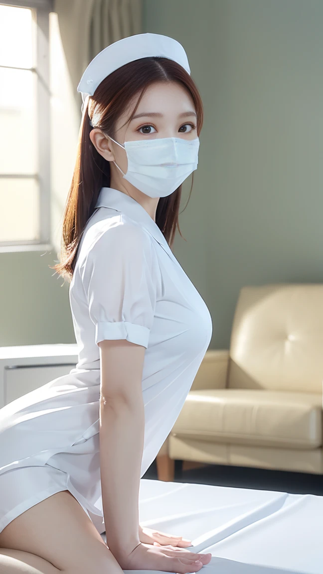 best quality, masterpiece, ultra high res, 8K, raw, (photo realistic:1.4), professional lighting, sharp focus, 1 girl, (detailed background:1.5), (dental clinic, desk, chair:1.3), full body, slender, cute, 24yo, smile, tiny breasts, short ponytail, hospital receptionist, (pastel blue nurse uniform;1.3), white mouth mask