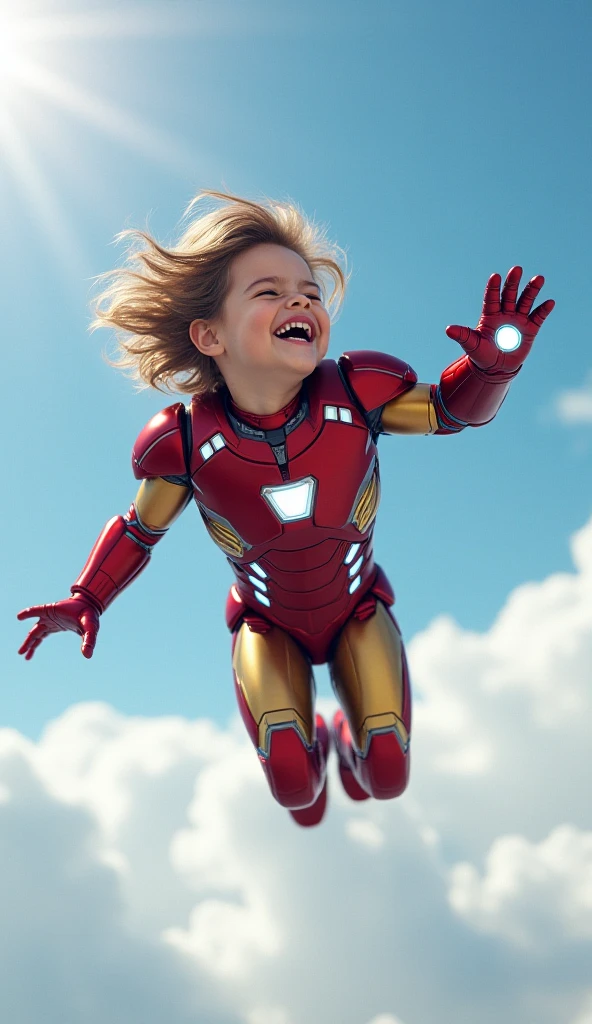 A five-year-old girl，Clear face，Iron Man costume，of a real，Avengers Building scene