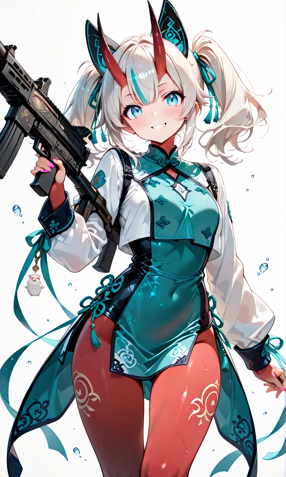 masterpiece、Highest quality、Ultra-high resolution、Maximum resolution、Very detailed、Professional Lighting、anime、Adult female、thin、so beautiful、、China dress、He has a gun、Holding a handgun in both hands、Yellow Eyes、Blue Hair、Long Wavy Hair、Earrings、Fingerless gloves、Tactical Boots、Equipped with transparent orange sunglasses、Equipped with a chest rig, (((hold a gun and take aim))), (((Random Action Pose)))