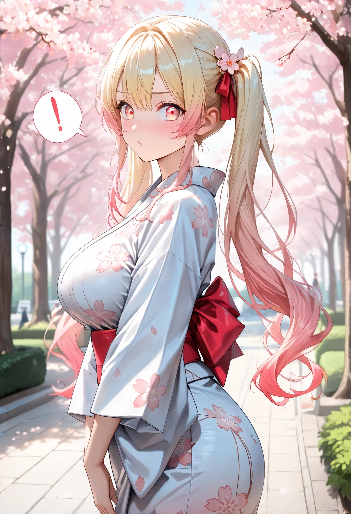 (masterpiece, best quality, higres, absurd quality, original, newest), cowboy shot, depth of field, bokeh, side view, BREAK, (1girl, perfect body, perfect anatomy), ((gradient hair color+yellow hair:1.4+pink hair:1.2), long hair, twintail, twintail ribbon, hair accessories, side hair), (light red eyes, perfect eyes), big breasts, yukata, cherry blossom, hanami, at the park, sightseeing, seeing sakura blossom, sakura trees, enjoying sakura blossom, surprised, embarrassed, blushed, pouting, looking at viewer staggered, exclamation mark spoken,