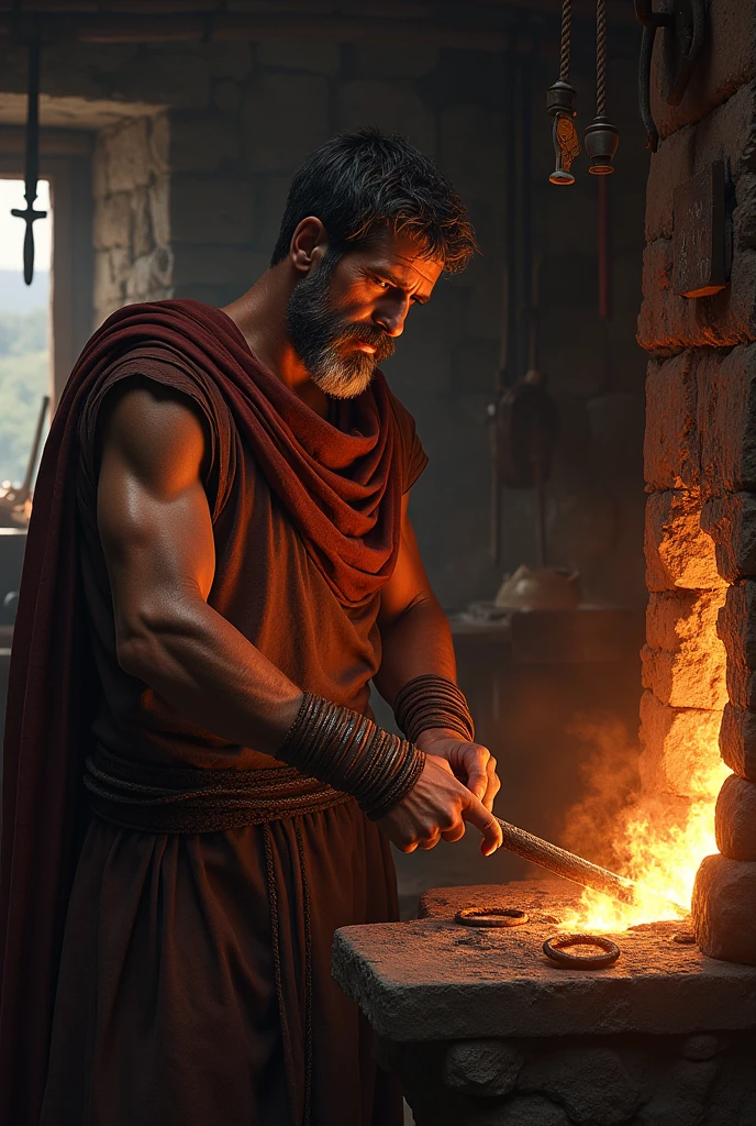 masterpiece, detailed, intricate, epic fantasy, colorful, full body, slight angle, man, 70 years old, hulking, brawny, fitted, ankle wraps, very hairy torso, big strong hands, fine detailed, running, intense action, dynamic juxtaposition, skimpy revealing slavery outfit, receding hairline, smirk, gladiator, with a sword, blades, big ancient city on fire in the background, heavy rain, smoggy, pointing away, depth of field, particle effects, high quality shadows, intense action