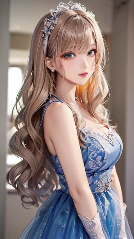 half body shot, ((masterpiece)), ((ultra-detailed)), pixiv, best shadows, best lighting, best quality, cinematic shot, 1girl, solo, bangs, portrait, long hair, curtain bangs, parted lips, juicy lips, pouty lips, blond hair, wavy hair, looking at viewer, indigo blue eyes, large breasts, white blouse, off-shoulder blouse, bare shoulders, huge tits, sexy boobs, pink, innocent smile, blushing face, pale skin, chromatic aberration, simple background