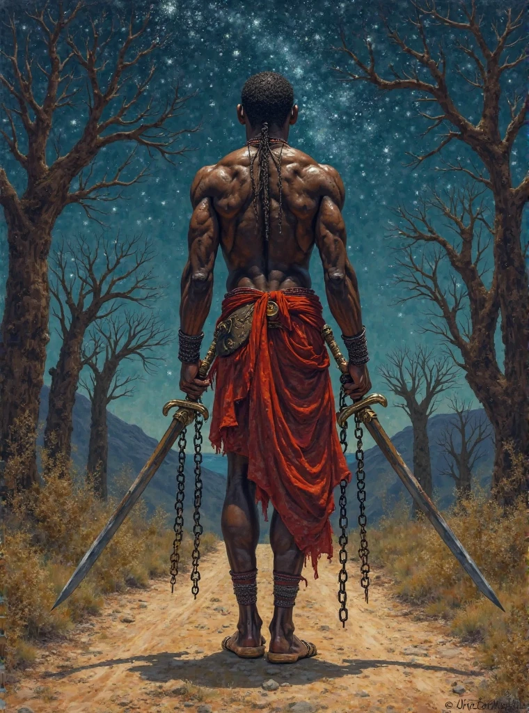 in a metaphorical drawing, imagine a scene in which a human figure, previously chained or trapped, is released into a desolate environment. The broken shackles fall to the ground, And the figure, although visibly worn and scarred, shows an expression of determination and courage. In the background, a barren and devastated landscape symbolizes past losses and suffering, but on the horizon, a faint light or an outbreak of life represents the newly discovered hope and courage. The colors can be somber, with touches of brilliance in the areas that symbolize hope and freedom.