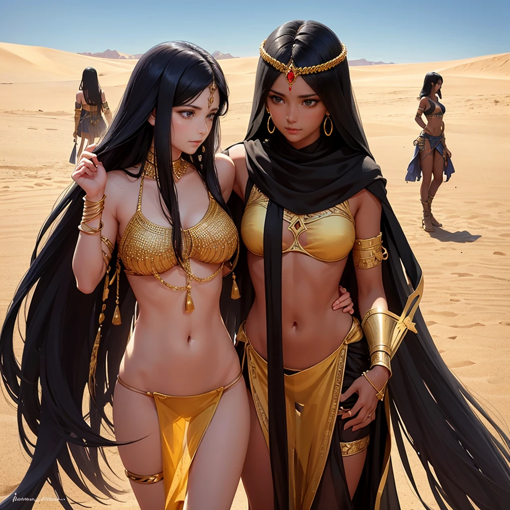 nsfw, 2girls, masterpiece, best quality, a beautiful award winning image of a an extremely dark skinned egyptian goddess wading through mud in the desert sands as her hair and silk attire blow in the dusty winds, the background consists of a thinning windy sandstorm with a thinning river behind palm trees and a glaring sun with godrays and lens flare, dust sweeping foreground, flowing priestess silk robes blowing in the wind, royalty jewerly, quizzative smile, (realistic, photorealistic:1.65), pussy slip,
beautiful face, beautiful captivating eyes, soft focus, depth of field, tilt shift, vivid, fantastical, wonderful, amazing composition, high contrast, full color spectrum,16k, UHD
