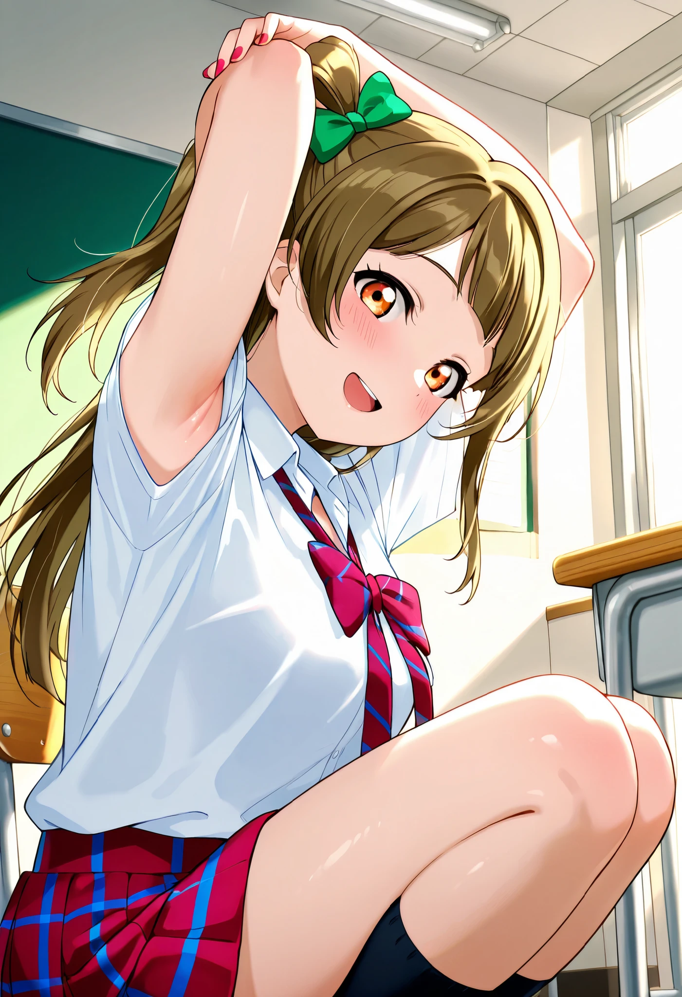 lovelive_kotori,
gyaru, shirt, plaid, bow, blush, white shirt, hair ornament, nail polish, clevage, grayish brown hair, green hair bow, bangs, one side up, long hair, amber eyes,
,BREAK, armpit, arms over head, focus on armpit,
smile, ,scorn,open mouth, (cheerful),looking down at viewer,\(red blush\), embarrassed,
BREAK,
,sitting,looking down at viewer,Squatting,
from side,show armpit from short sleeves,
((masutepiece,hight resolution)), masutepiece, Best Quality, , absurderes, Perfect Skin, Detailed skin texture, ultra-detailliert, 8K, Intricate details, beautifull detailed face,hight resolution, 1girl ,from front,
indoors,class room