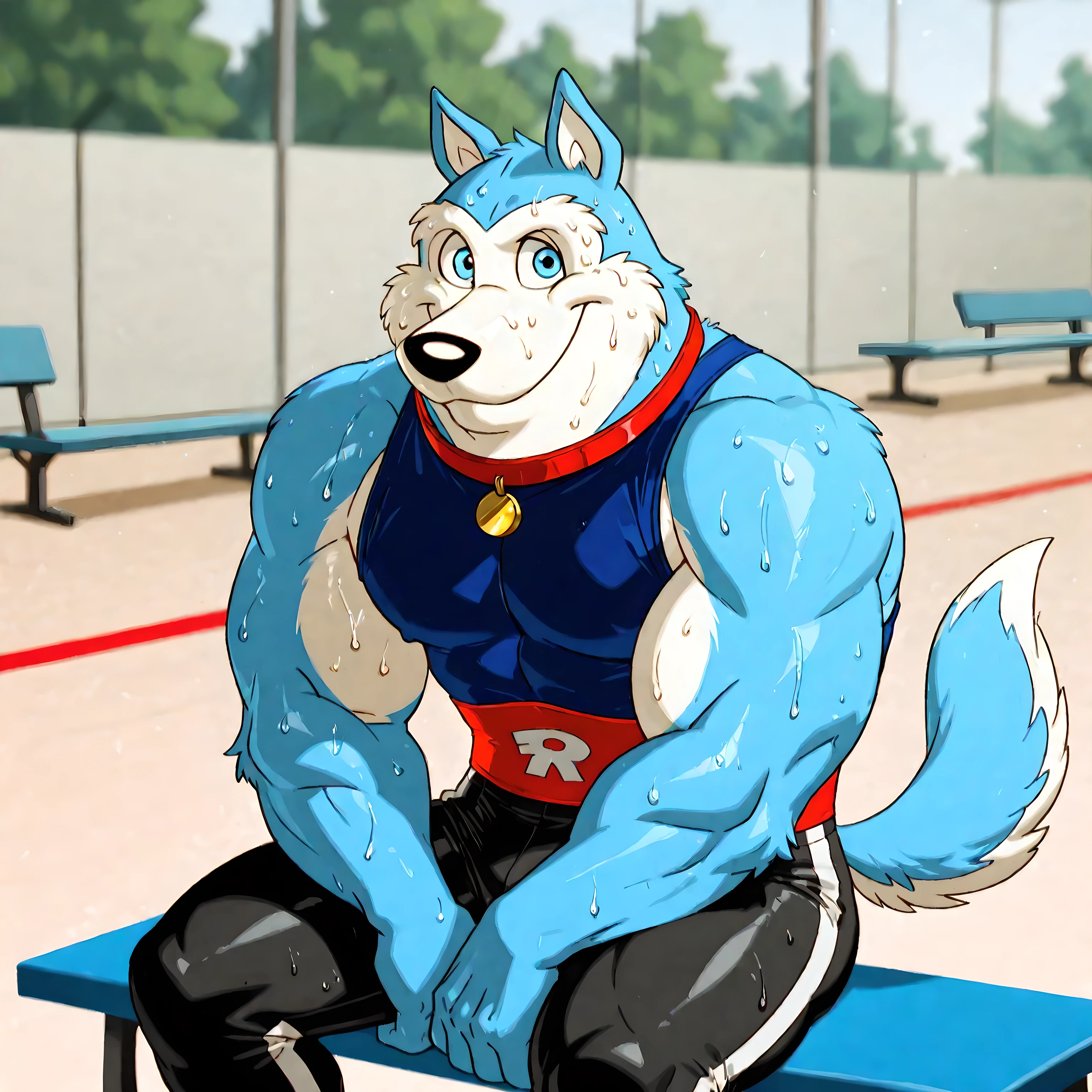 Exile (Road Rovers), high quality, blue fur, white fur, anthro dog, solo, male, half body, red collar, blue eyes, sweet smile, high quality, best resolution, tanktop, workout pants, bare arms, gym background, (blurry background), thick arms, sitting on workout bench, sweaty, resting arms on legs, looking at viewer