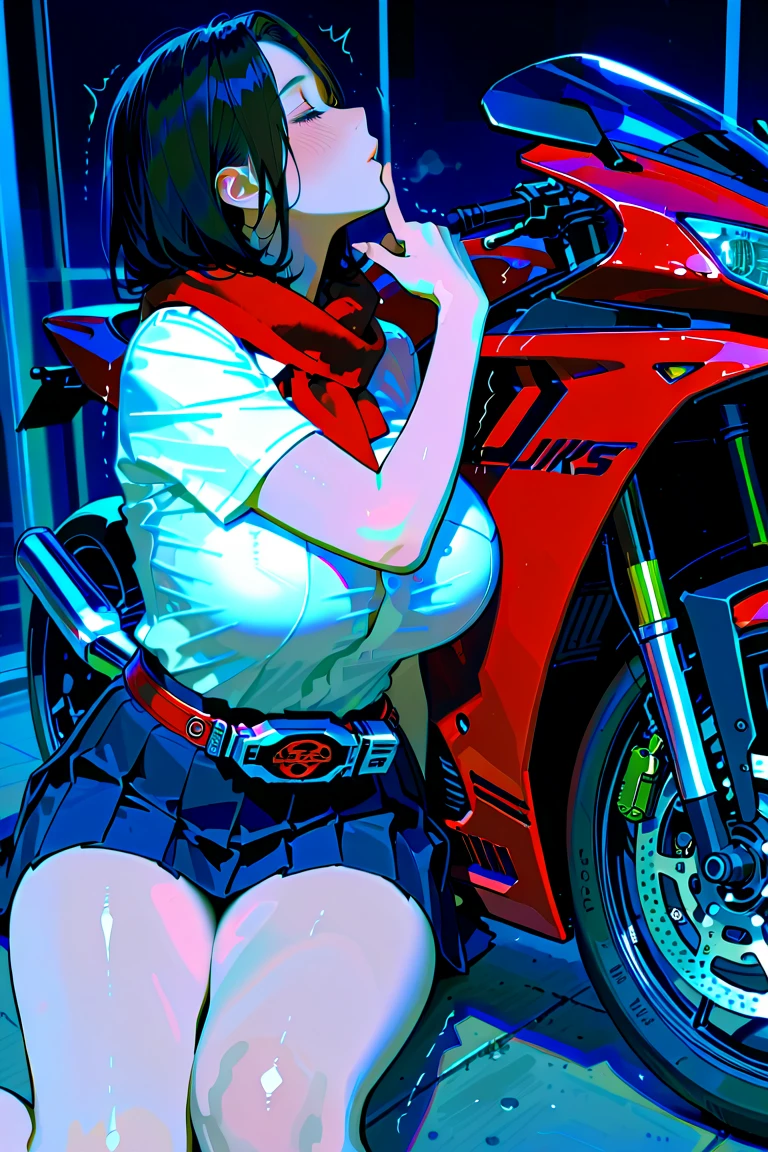 1 girl, (Miyu Edelfeldt),Change,camel toe,black hair,brown eyes,small breasts,big ass, Adhesive bandage, Adhesive bandage on leg, red baseball cap, red micro bikini, Red bikini bottoms only, red Gloves,red shirt, bmw, Character name, from behind, Gloves, gray background, have, looking at the audience, look back, motorcycle, motorcycle, Off the shoulders, on motorcycle, shirt, simple background, sitting, Smile, swimsuit, Thong bikini