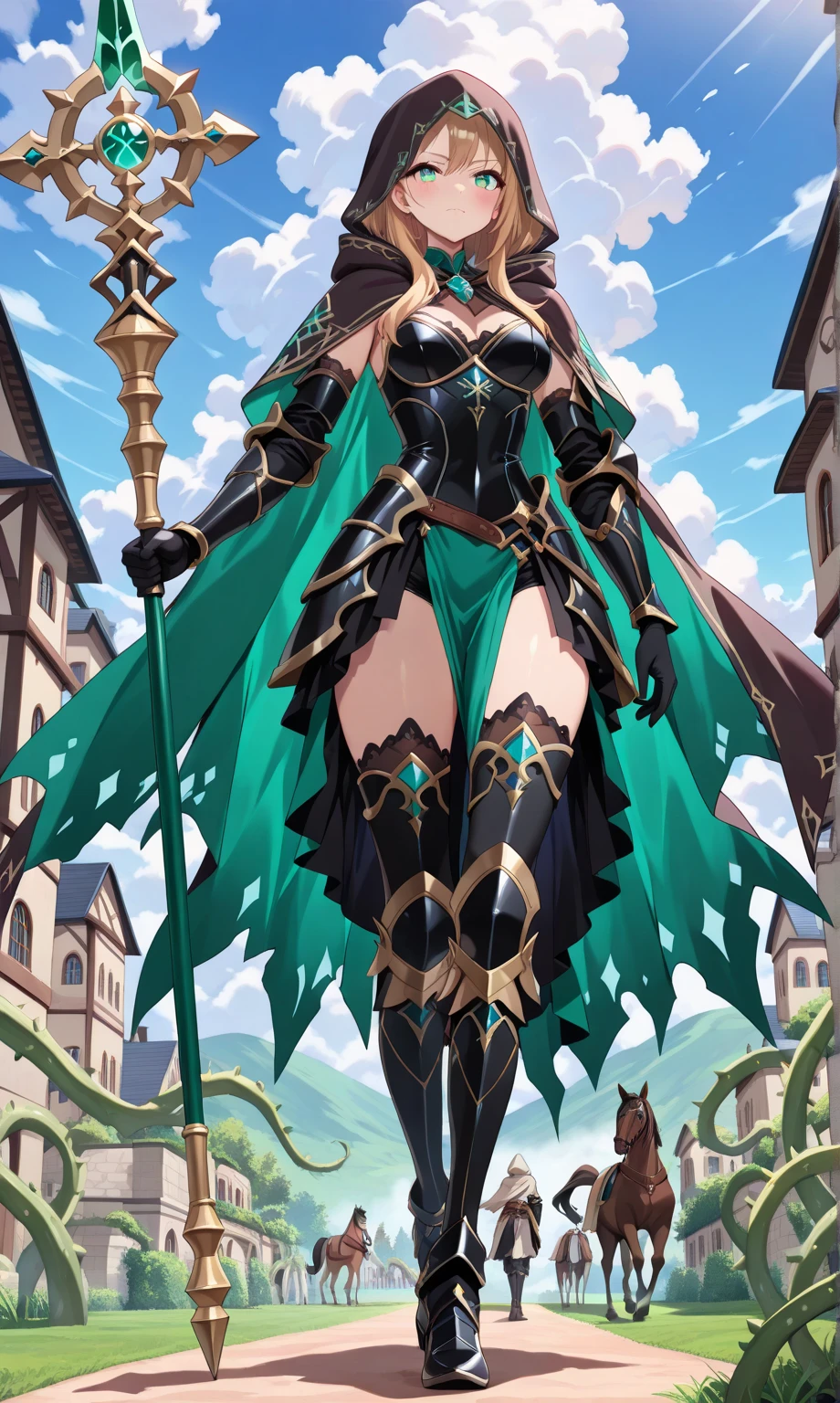 Masterpiece, 1girl, ahoge, bangs, bare shoulders, black gloves, black leotard, black thighhighs, green hair, boots, breasts, building, cape, cleavage, cleavage cutout, closed mouth, clothing cutout, cloud, colored inner hair, navel, day, elbow gloves, full body, gloves, hair ornament, heel boots, highleg, highleg leotard, horns, goat horns, leotard, ponytail hair, looking at viewer, perfect breasts, light green hair, outdoors, yellow eyes, skindentation, sky, solo, standing, thighhighs, thighs, smile, Genshin Impact style