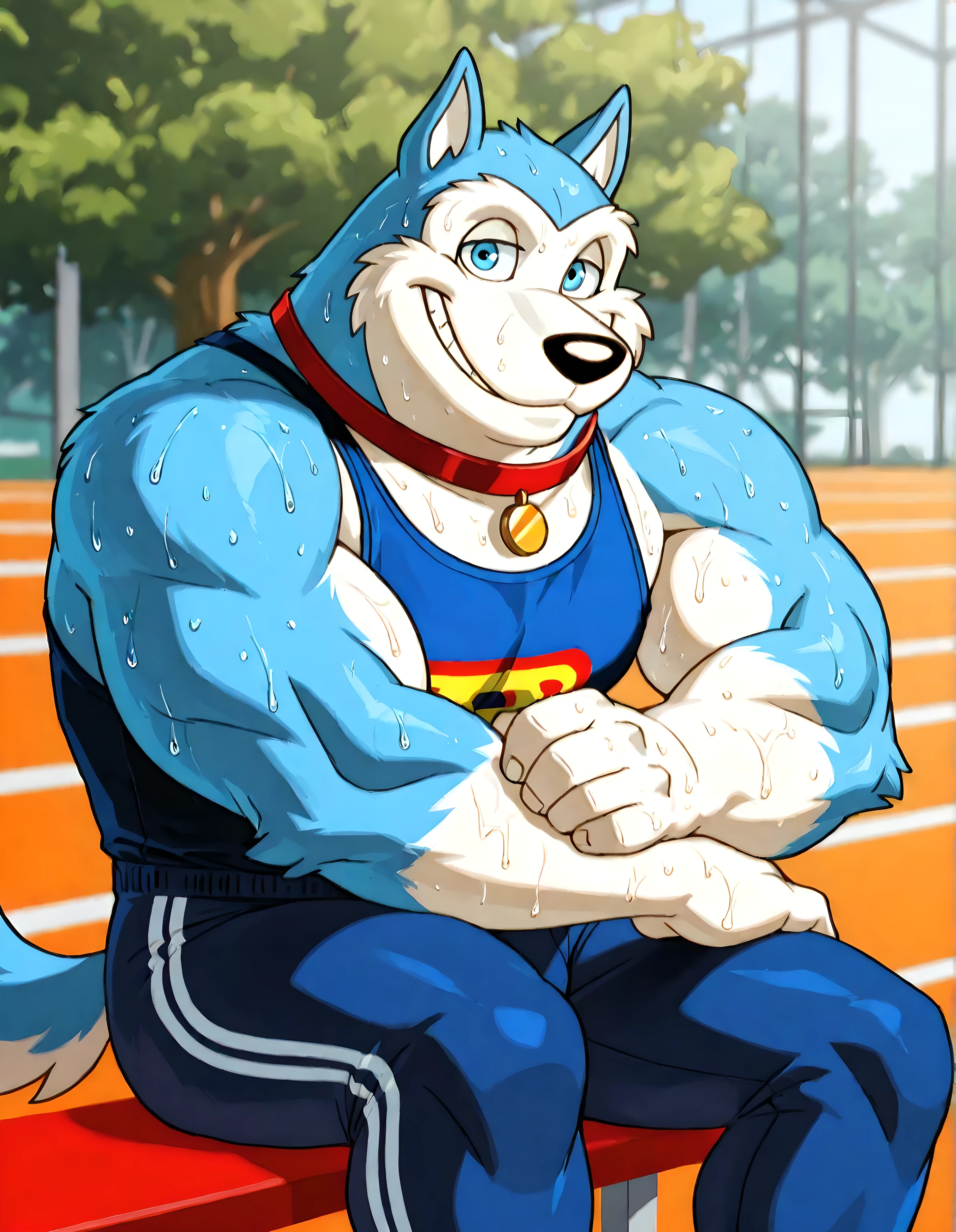 Exile (Road Rovers), high quality, blue fur, white fur, anthro dog, solo, male, half body, red collar, blue eyes, sweet smile, high quality, best resolution, tanktop, workout pants, bare arms, gym background, (blurry background), thick arms, sitting, sweaty, resting arm on leg, looking at viewer