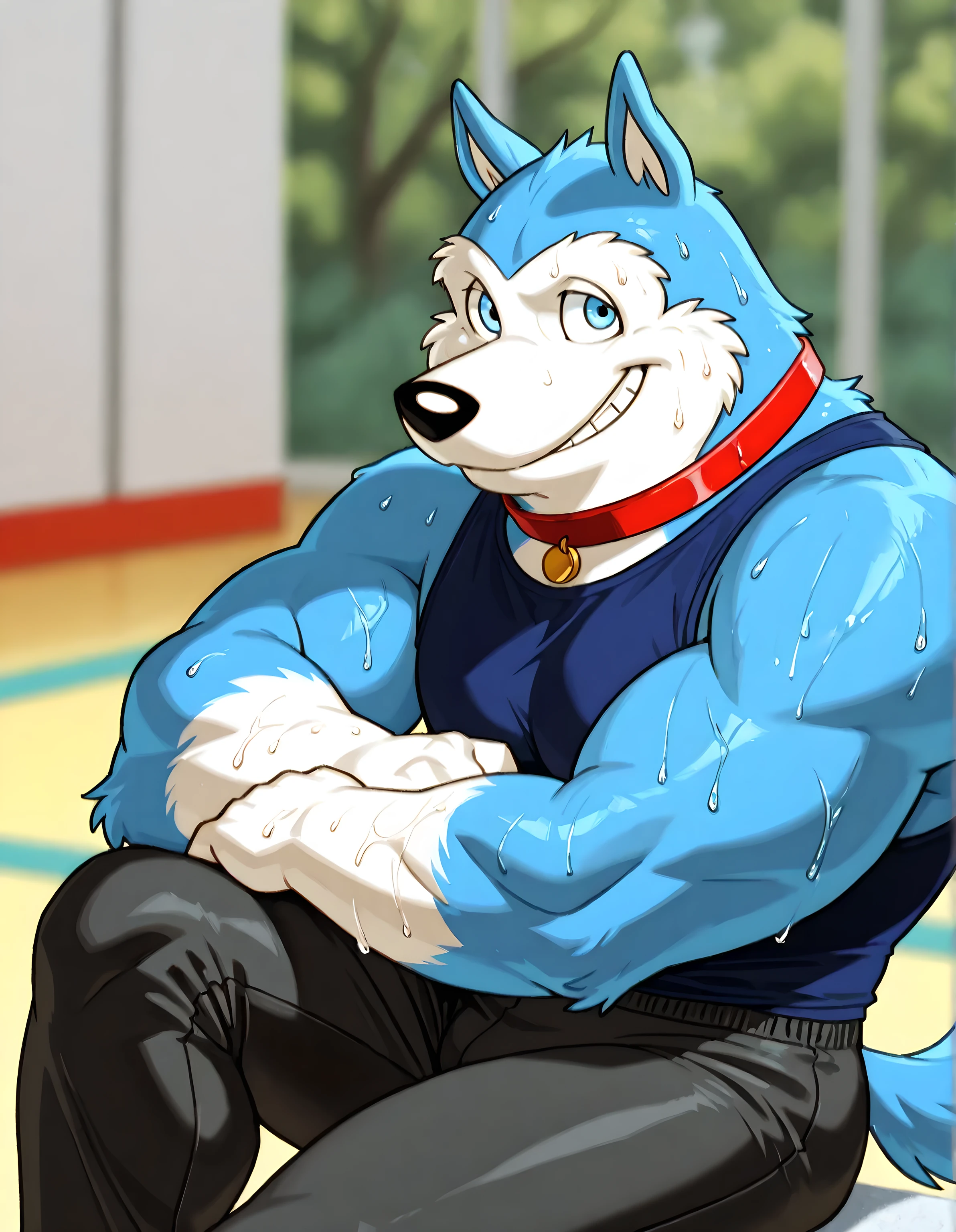 Exile (Road Rovers), high quality, blue fur, white fur, anthro dog, solo, male, half body, red collar, blue eyes, sweet smile, high quality, best resolution, tanktop, workout pants, bare arms, gym background, (blurry background), thick arms, sitting, sweaty, resting arm on leg, looking at viewer