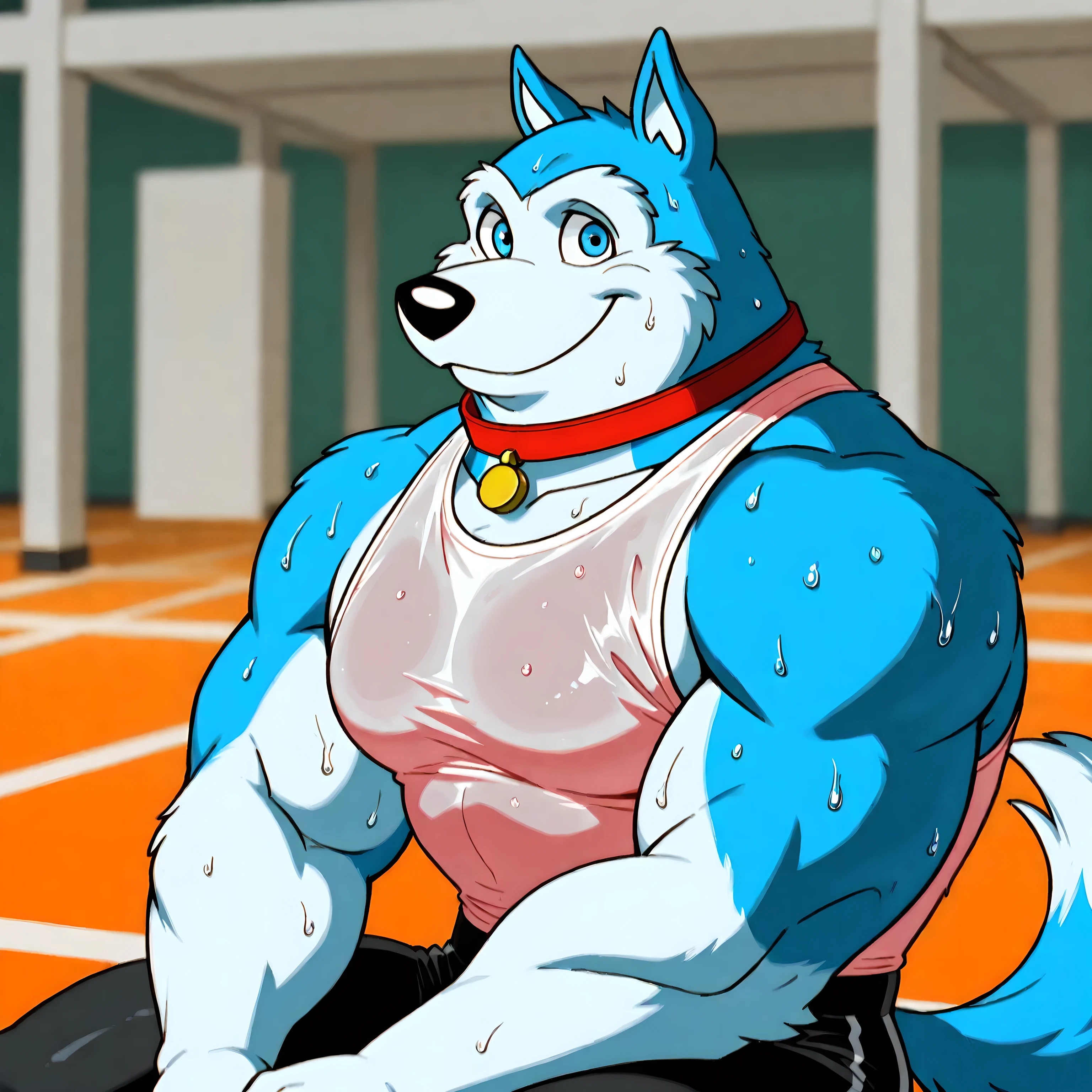 Exile (Road Rovers), high quality, blue fur, white fur, anthro dog, solo, male, half body, red collar, blue eyes, sweet smile, high quality, best resolution, sweaty tanktop, workout pants, bare arms, gym background, (blurry background), thick arms, sitting, sweaty, looking at viewer