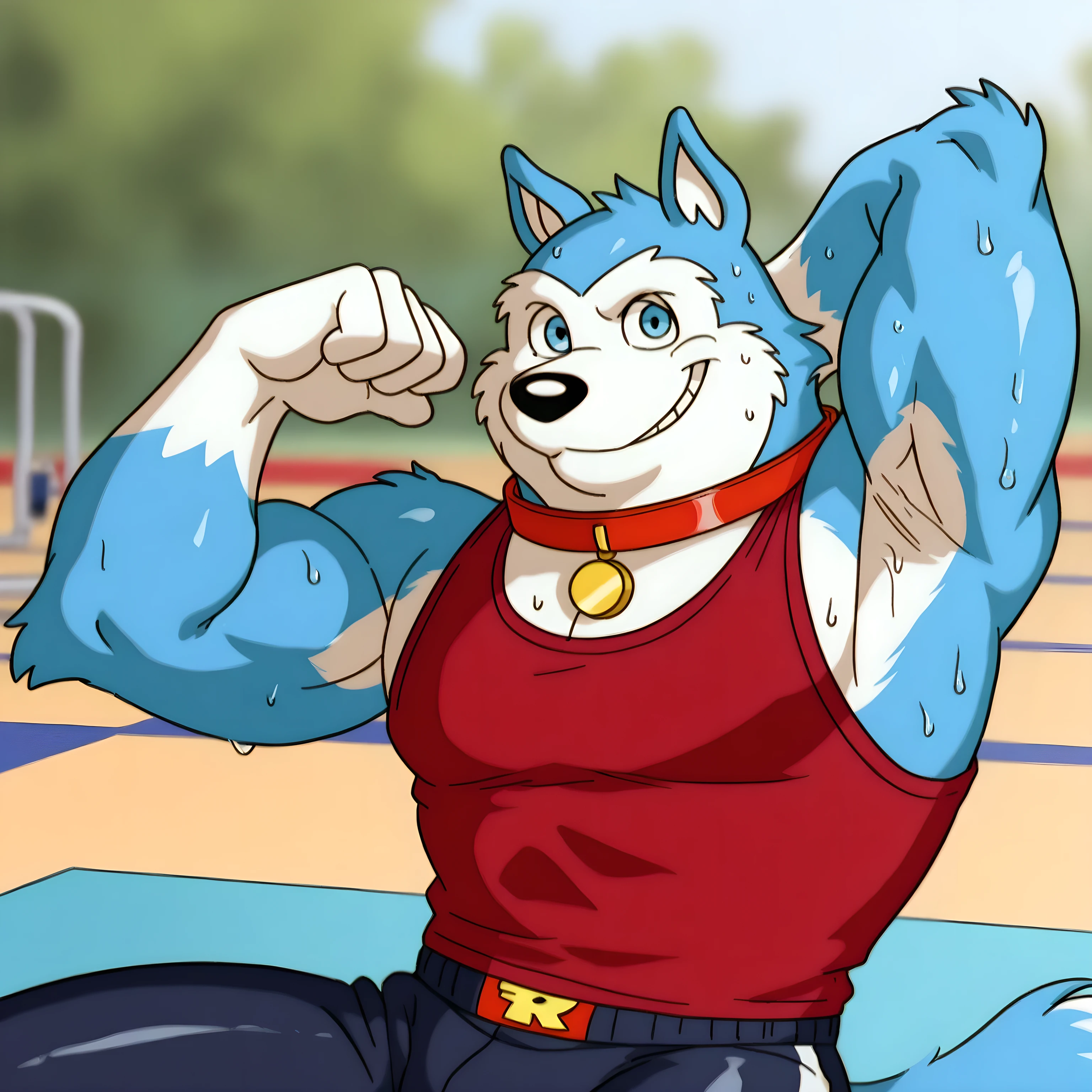 Exile (Road Rovers), high quality, blue fur, white fur, anthro dog, solo, male, half body, red collar, blue eyes, sweet smile, high quality, best resolution, tanktop, workout pants, bare arms, gym background, (blurry background), thick arms, sitting, sweaty, hand behind head, armpit, looking at viewer