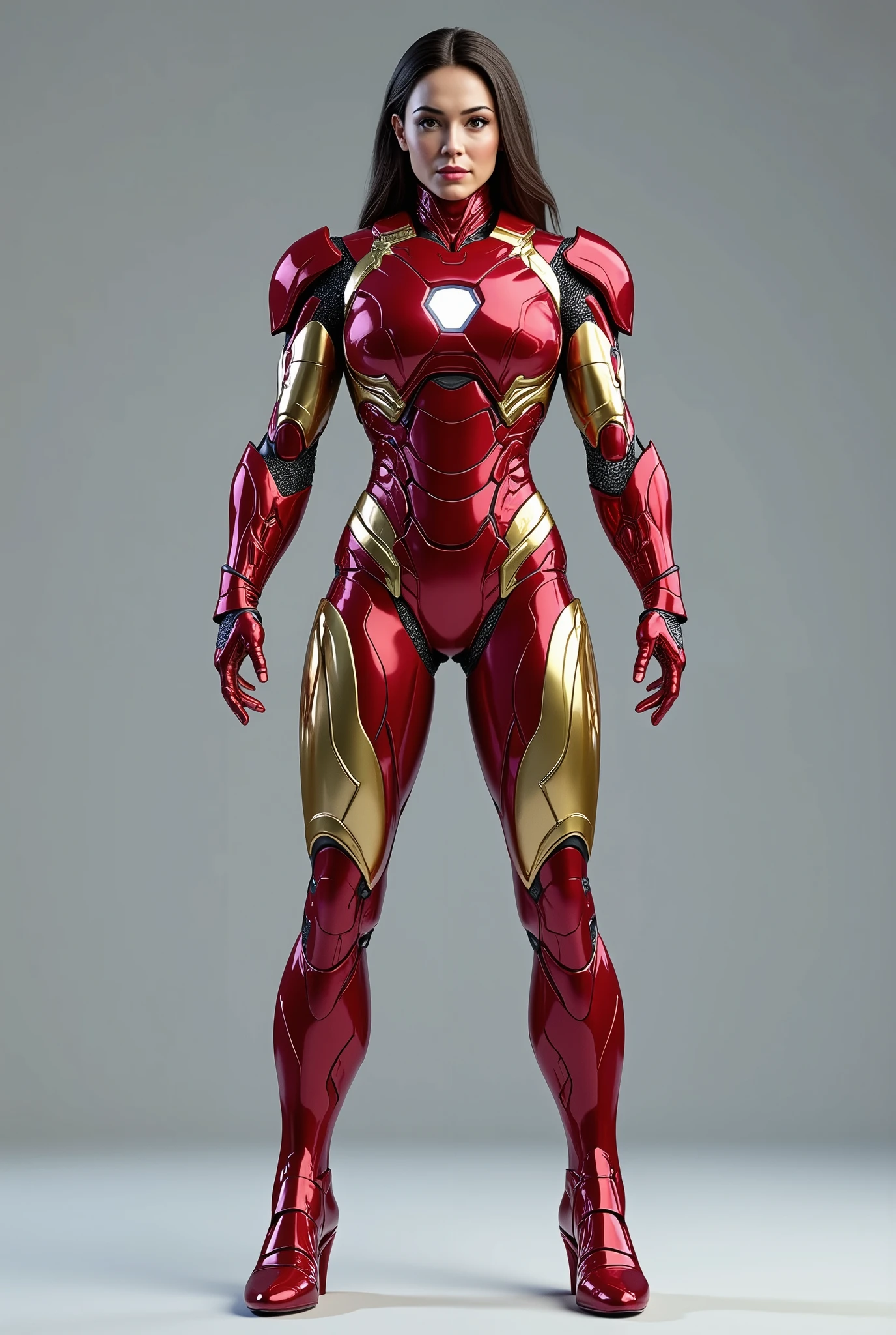 girl dressed as Iron Man from Marvel , big breasts , frontal , full-length , looking at the camera , facing the audience , standing pose , simple background , three-dimensional light , detailed full-body concept , sleek digital concept art , beautiful full-body concept art , art trend , full-length CGsociety ,