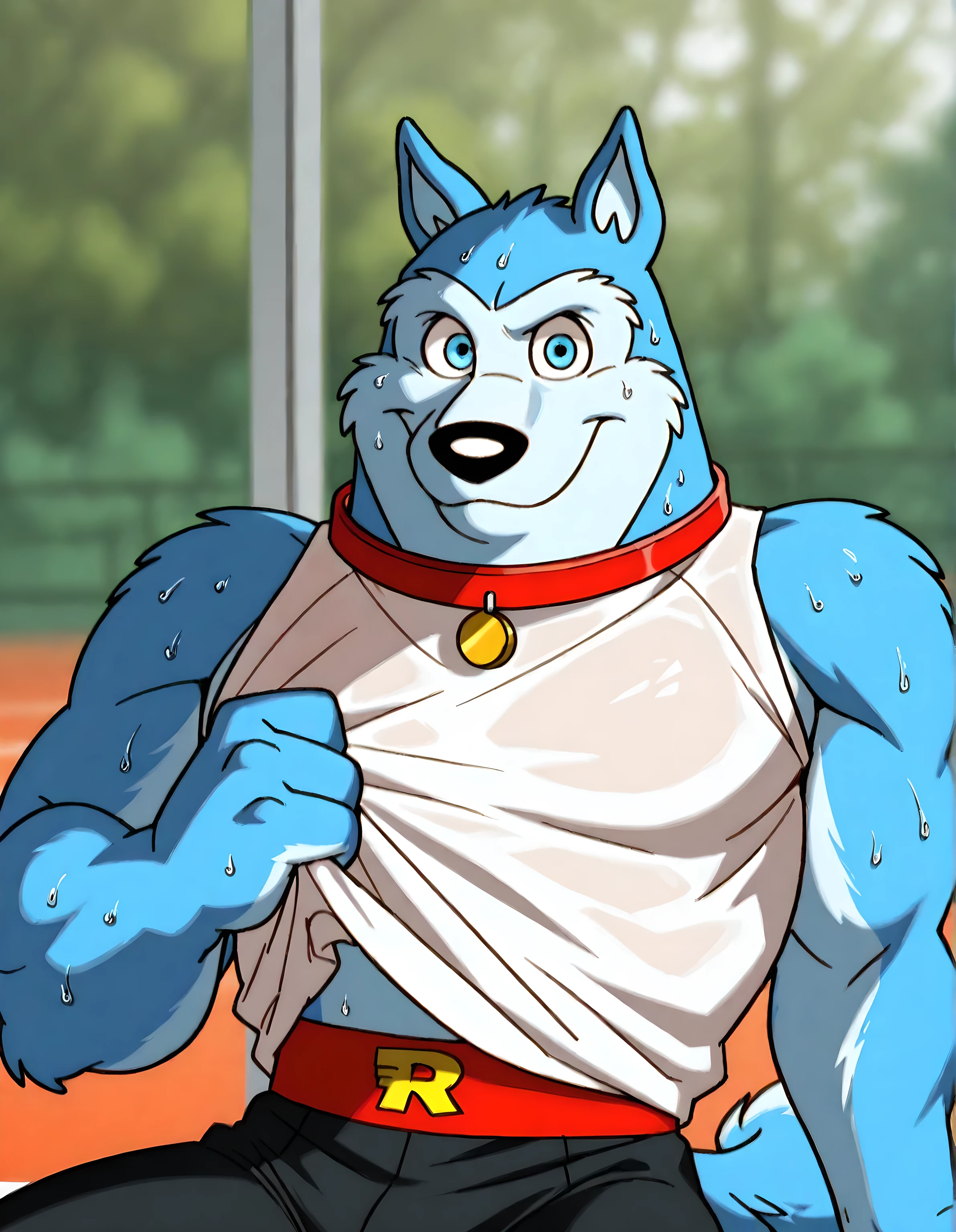 Exile (Road Rovers), high quality, blue fur, white fur, anthro dog, solo, male, half body, red collar, blue eyes, high quality, best resolution, workout shirt, workout pants, bare arms, gym background, (blurry background), thick arms, sitting, sweaty, looking at viewer, leaning back, (lifting shirt hem),