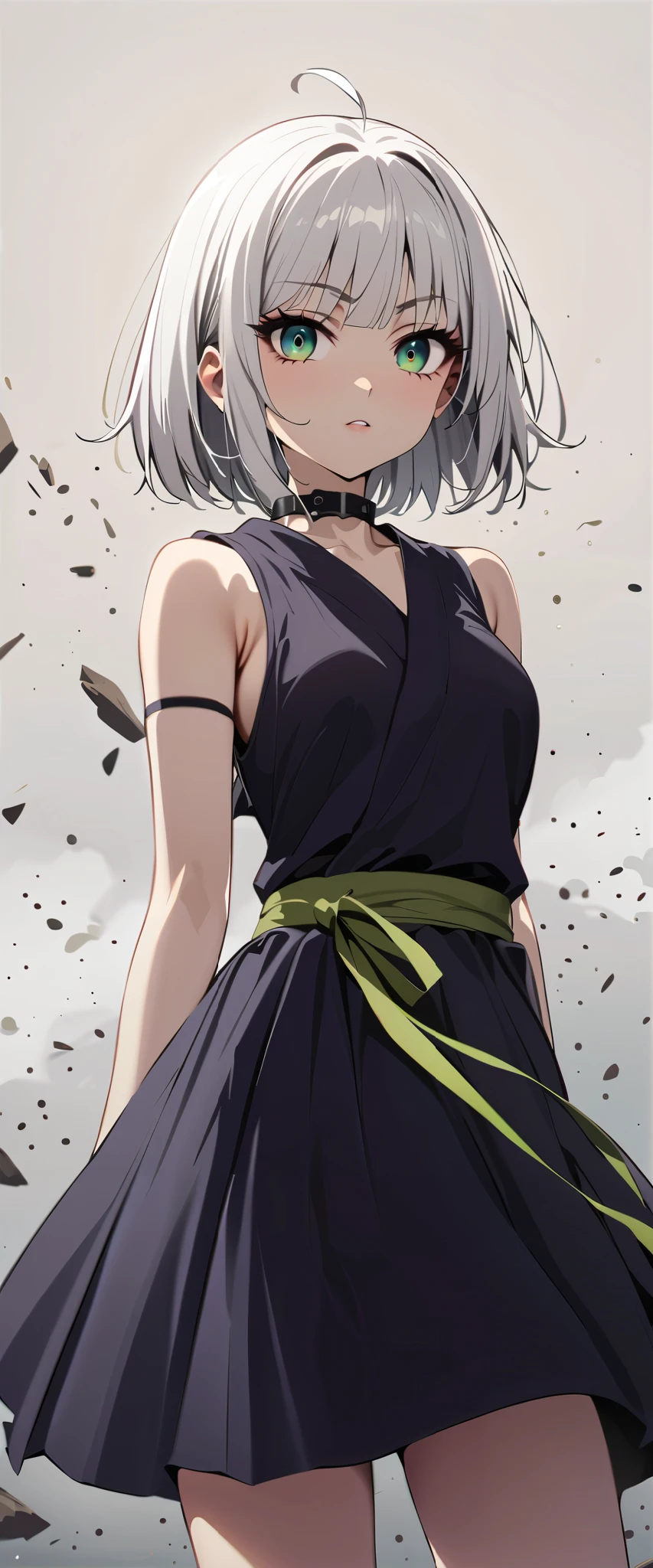 (high-quality, breathtaking),(expressive eyes, perfect face) 1girl, female, solo, maomao, cowboy shot, medium full shot, White hair color, bright green eyes, Short straight hair, large breasts, small breasts, small stature, small Ahoge, kunoichi attire, kunoichi outfit, shinobi, shinobi aesthetic, japanese shinobi, looking towards viewer, HD, High quality image, dusty particles floating around, black choker, black collar with spikes, goth girl, goth aesthetic, holding a tanto