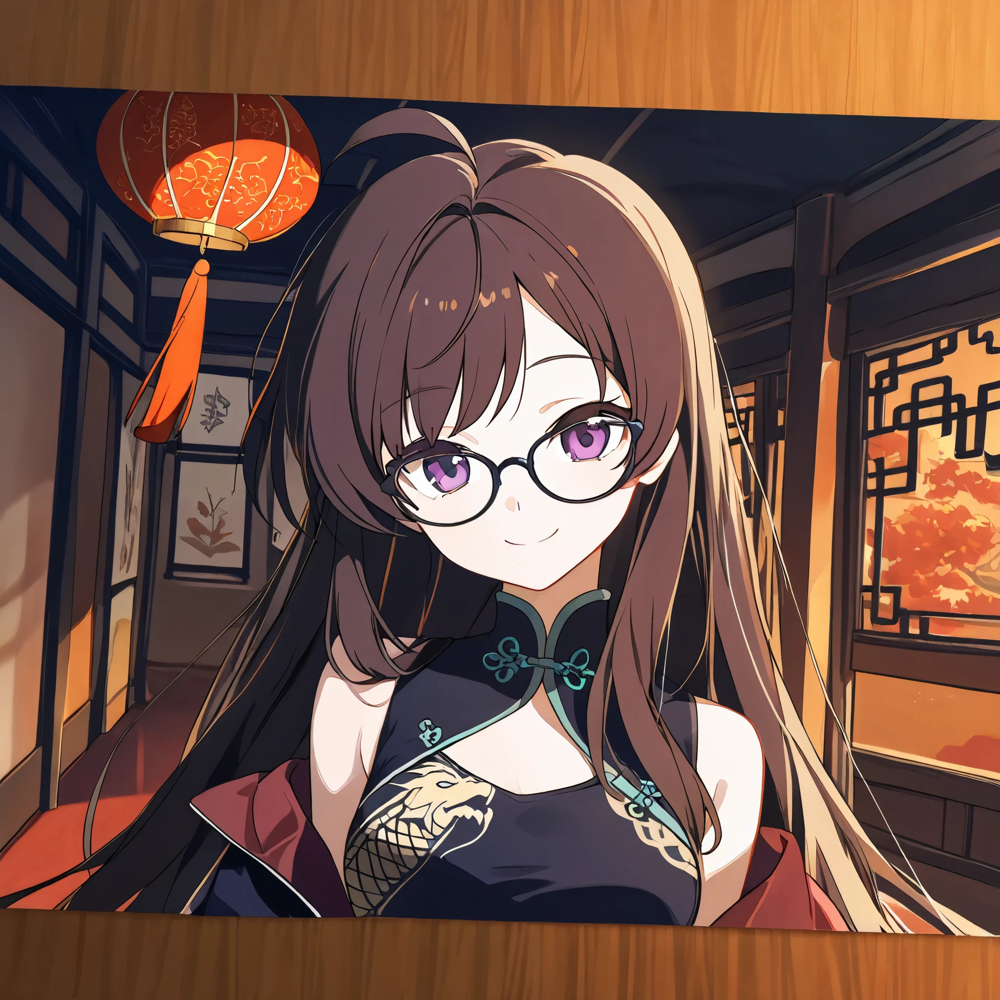 1 young girl, solo, looking at viewer, white skin girl:1.6, (dark brown long fluffy hair:1.4, side swept parted hair bangs, ahoge), highschool girl, very short girl, slender body, medium breasts, detailed face, neutral expression, dark purple eyes, black square glasses, smile, anime, 8K, HDR, half body, studio lighting, portrait photo, warm color palette, natural lighting, detailed background, indoors, chinese pavilion, chinese lanterns, night time, serene, kisakioutfit, china dress, chinese clothes, pelvic curtain, bare shoulder