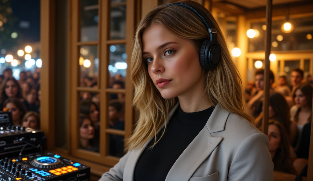 Black Elegant、Beautiful blonde with big breasts in a blouse (Western-style mansion at midnight、dining room),Wearing headphones,Very detailed, 21 years old, Innocent face, Naturally Wavy Hair, blue eyes, High resolution, masterpiece, Highest quality, Intricate details, Very detailed, Clear focus, Delicate skin, practical skin texture, texture, Delicate eyes, Professional, 4K, Sad face,despair、 Shot with Canon, 85mm, Shallow and deep, Kodak Vision Color, Exactly, Very detailed, photograph_\(Extremist\), photographpractical, practical, Post-processing, Maximum details, Roughness, Real Life, Extremist practical, Photorealism, photographgraphy, 8K Ultra HD, photographgraphy