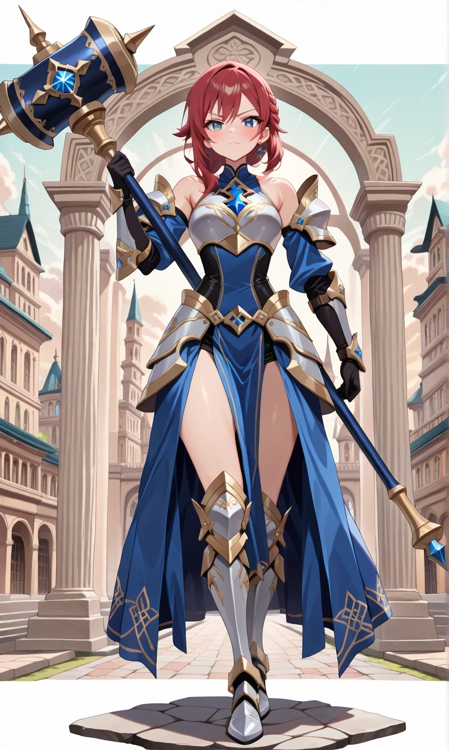woman with long red hair and armor, ayaka genshin impact, ayaka game genshin impact, zodiac knight girl portrait, female protagonist, Kushard Krenz key art feminine, valentine shuffle, genshin impact character, Genshin, That's Right, Artgerm and Ati Gairan, Portrait Knight Female,cowboy shot,(full body:1.5, 1 girl, solo focus)