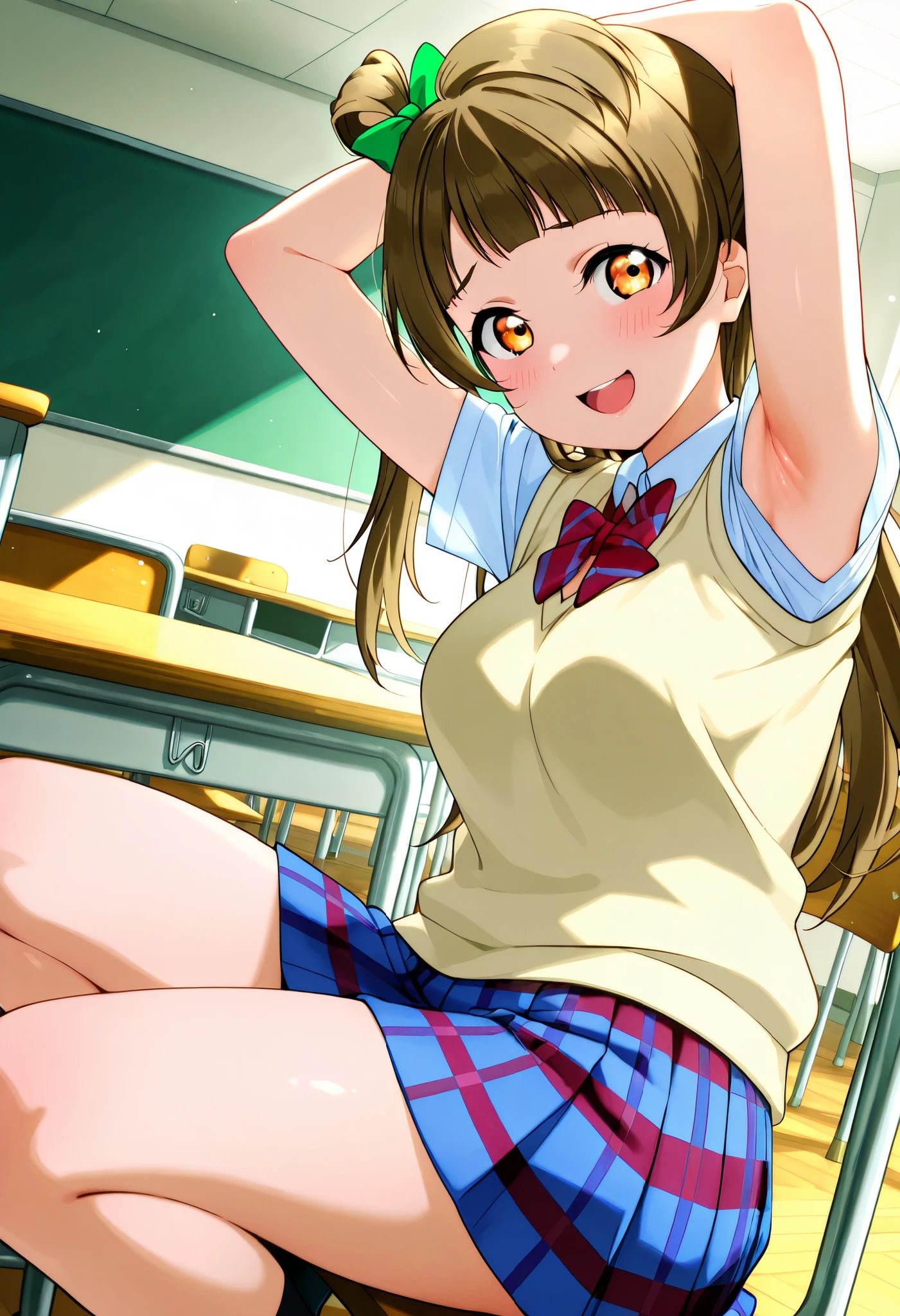 lovelive_kotori,
sweater vest, short sleeves, blue plaid skirt, red bowtie, breasts, grayish brown hair, green hair bow, bangs, one side up, long hair, amber eyes
,BREAK, armpit, arms over head, focus on armpit,
smile, ,scorn,open mouth, (cheerful),looking down at viewer,\(red blush\), embarrassed,
BREAK,
,sitting,looking down at viewer,Squatting,
from side,show armpit from short sleeves,
((masutepiece,hight resolution)), masutepiece, Best Quality, , absurderes, Perfect Skin, Detailed skin texture, ultra-detailliert, 8K, Intricate details, beautifull detailed face,hight resolution, 1girl ,from front,
indoors,class room
