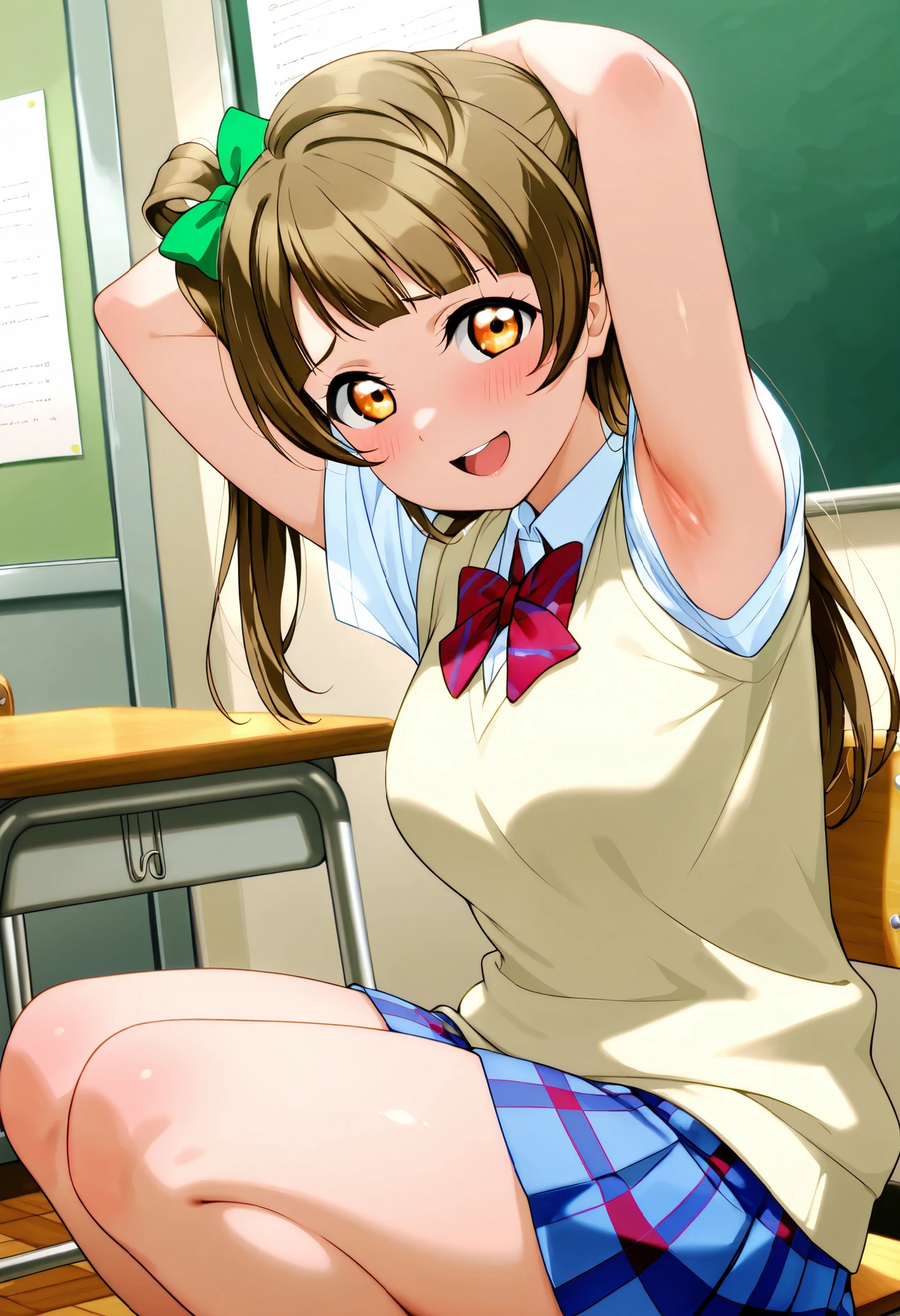 lovelive_kotori,
sweater vest, short sleeves, blue plaid skirt, red bowtie, breasts, grayish brown hair, green hair bow, bangs, one side up, long hair, amber eyes
,BREAK, armpit, arms over head, focus on armpit,
smile, ,scorn,open mouth, (cheerful),looking down at viewer,\(red blush\), embarrassed,
BREAK,
,sitting,looking down at viewer,Squatting,
from side,show armpit from short sleeves,
((masutepiece,hight resolution)), masutepiece, Best Quality, , absurderes, Perfect Skin, Detailed skin texture, ultra-detailliert, 8K, Intricate details, beautifull detailed face,hight resolution, 1girl ,from front,
indoors,class room