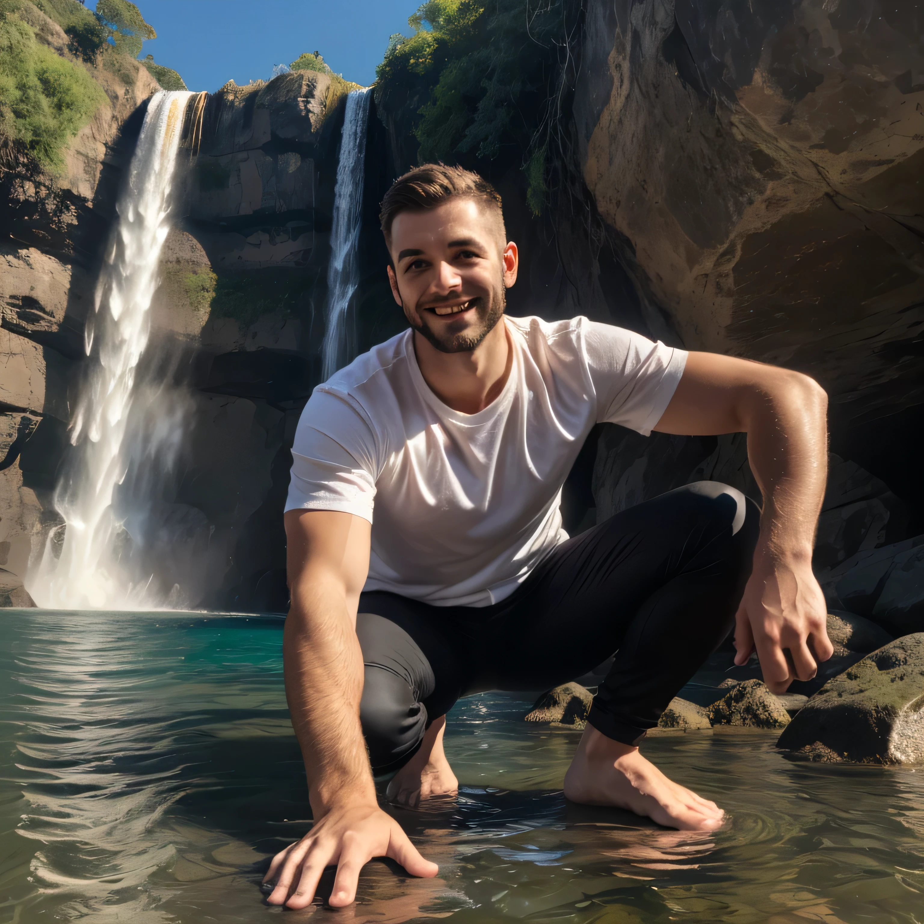 Age 32、handsome guy , 1 man,white shirt、 Gold、Short Hair、Natural short hair perm、sea、waterfall slide　In the water、 as seen from below。　up your upper body 　 Menacing look　　black slim pants looking into the ocean　　 black gloves、　up your upper body　black slim pants　 as seen from below。　up your upper body　 American faces　　black slim pants looking into the ocean　　Dark Stubborn　up your upper body　　Dark Stubborn　Dark Stubborn　camera　Running up　Coming over here 　Crouching Smiling　bare feet