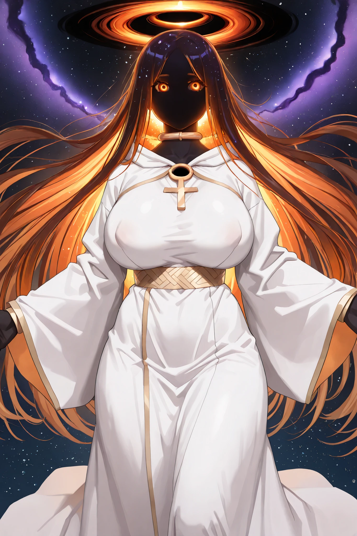 ((no head, Instead of a head, a Black hole)), Hand and silver jewelry. white Greek robes, private places are covered. They emit orange light inside the tape. Gradation. halo. goddess. divine . Gray Aurora. high resolution. Cosmic Horror. Personification of space. hands and legs are beautiful, and within it, the Milky Way and the like are in harmony. huge growth, Her body ends in black, has the same body and big breasts, and her heart shines with a circular Orange light in the center of her chest. Her whole body is covered in light, surrounded by hundreds of millions of rotating circular light strips, to protect her, her model, Sparkling, like the vast Universe. Life is created there, where light passes. Her arms are wrapped in sacred cloth, particles, flowing through light, trapezoidal and emphasizes their beauty. transcendental, in the middle of space .