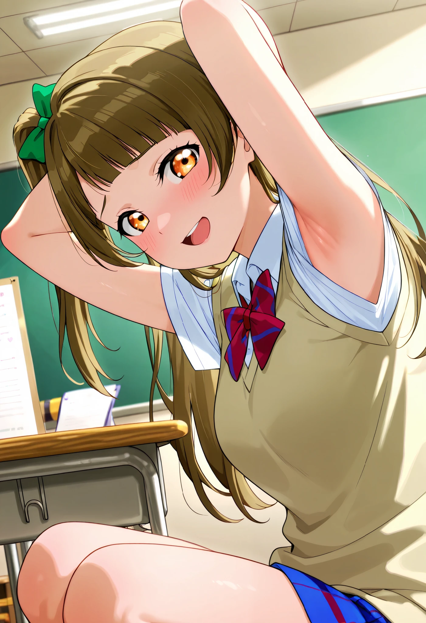lovelive_kotori,
sweater vest, short sleeves, red bowtie, breasts, grayish brown hair, green hair bow, bangs, one side up, long hair, amber eyes
,BREAK, armpit, arms over head, focus on armpit,
smile, ,scorn,open mouth, (cheerful),looking down at viewer,\(red blush\), embarrassed,
BREAK,
,sitting,looking down at viewer,Squatting,
from side,show armpit from short sleeves,
((masutepiece,hight resolution)), masutepiece, Best Quality, , absurderes, Perfect Skin, Detailed skin texture, ultra-detailliert, 8K, Intricate details, beautifull detailed face,hight resolution, 1girl ,from front,
indoors,class room