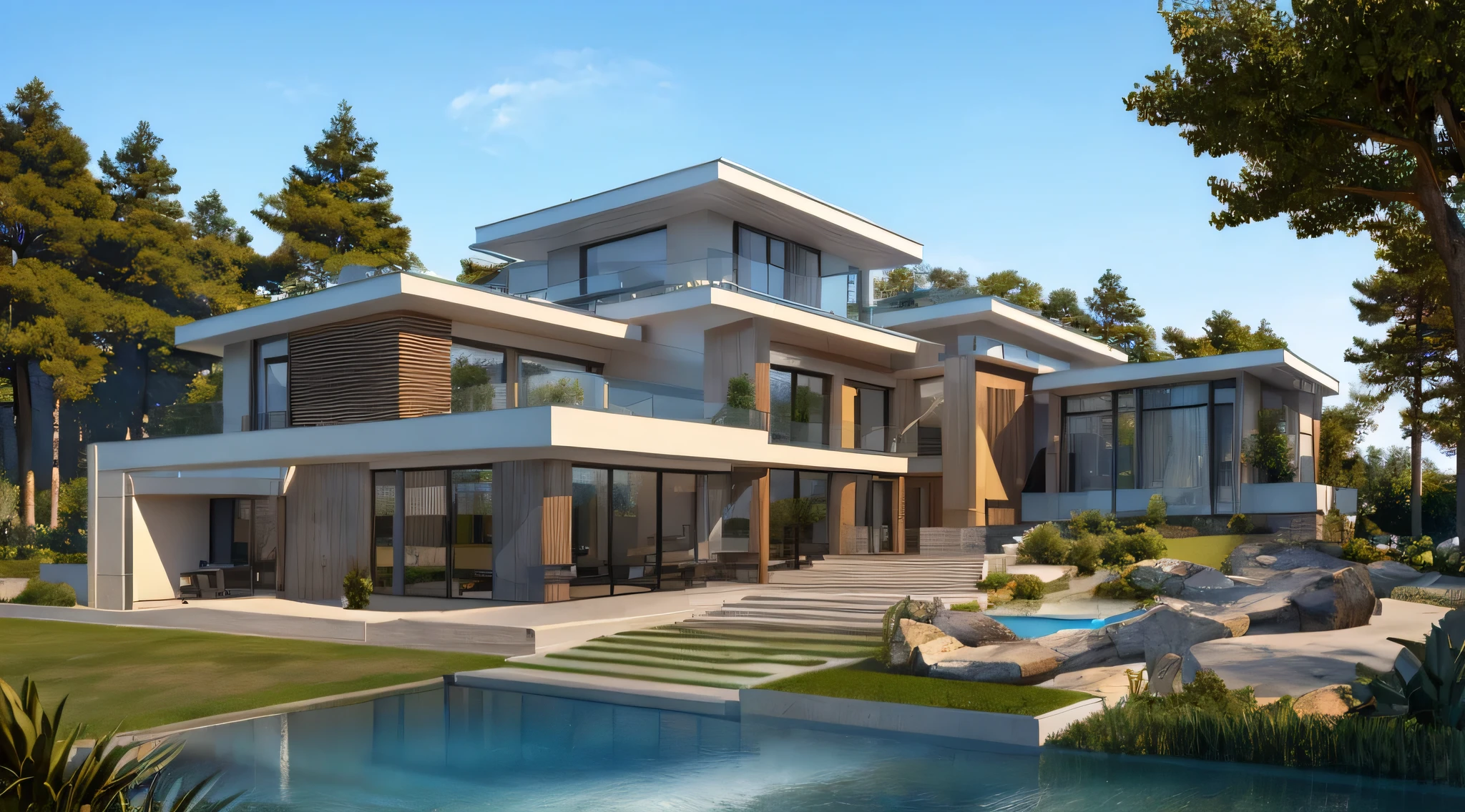 Modern style, house building, interior furniture, exterior house, contemporary style, ( wood bars ) wall, granite floor, thatched roof, glass window, (realistic:1.2), Masterpiece, high quality, best quality, finish color paint , garden trees, terrace space , background mountain rock, (lighting interior:1.2), (day light blue sky : 1,2), UHD 8K resolution, cinematic lighting, Residential Architecture, Villa, Apartments, Ultra-detailed , real architecture photo a espectacular modern house, Reflection .