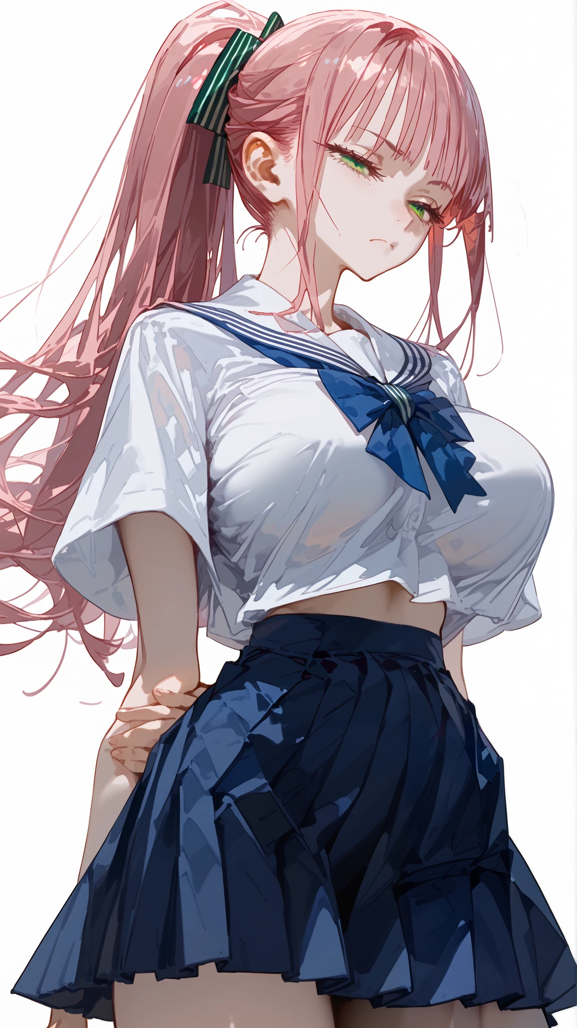 (masterpiece, best quality), 1girl, standing, rise hip, hand between legs, tilt head, sideways glance, break half-closed eyes, (green eyes), stoic, looking down, light frown, break 17yo, huge long breasts, (beautiful pink hair, ponytail, long hair), school uniform, (White shirt, blue skirt), white background, simple background