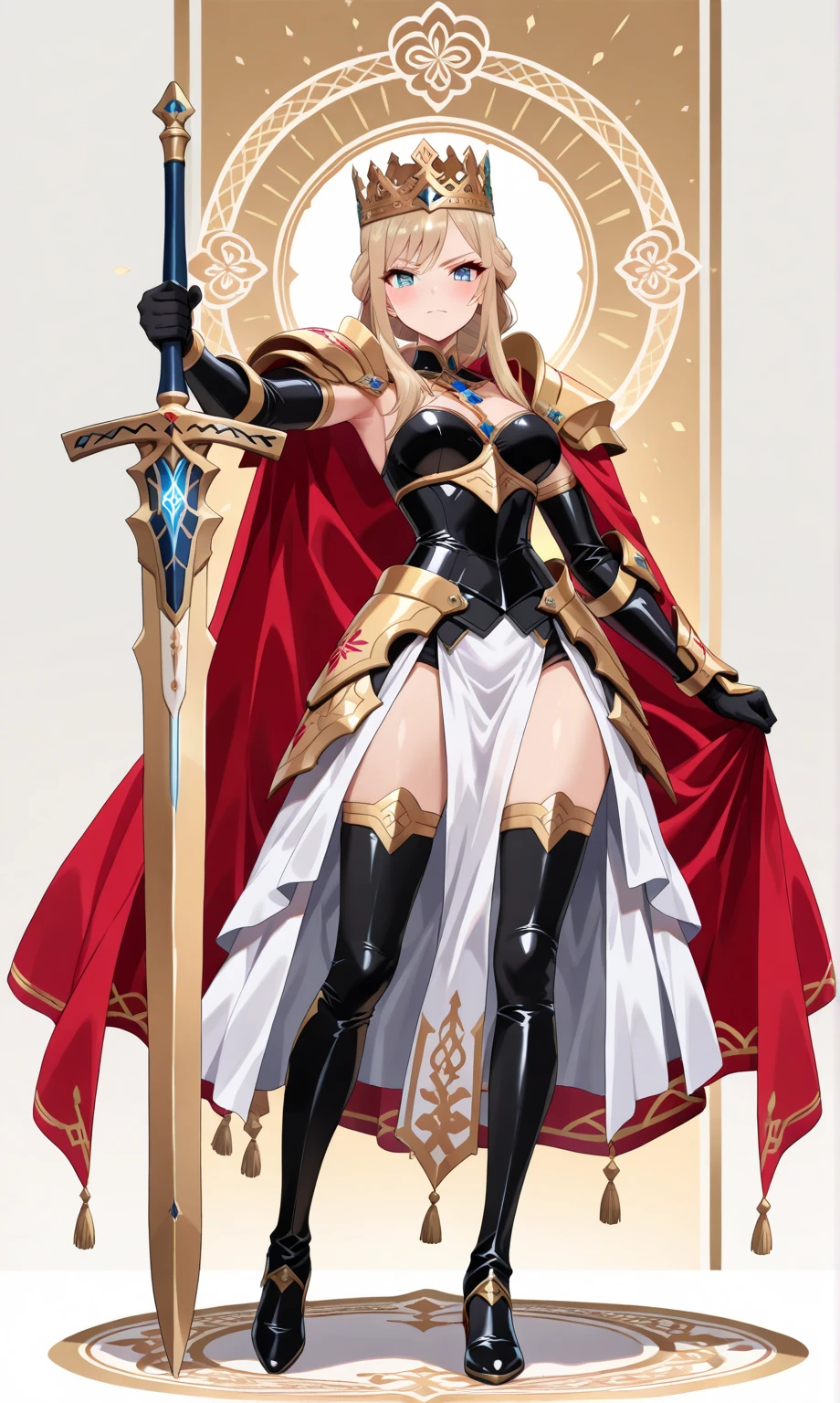 Masterpiece, Best quality, 1girl, solo, long-hair, thighhighs, breasts, striped, blonde-hair, flower, blue-eyes, rose, striped-thighhighs, full-body, dress, looking-at-viewer, blush, tiara, detached-sleeves, cleavage, medium-breasts, holding, bare-shoulders, closed-mouth, black-footwear, white-dress, standing, red-rose, hand-on-hip, bow, bangs, very-long-hair, ahoge, red-flower, hair-between-eyes, gauntlets, halterneck, red-bow, frills, shoes, skirt, footwear-bow, armpits, flag, antenna-hair, criss-cross-halter, weapon, collarbone, clothing-cutout, crown, floral-print, headpiece