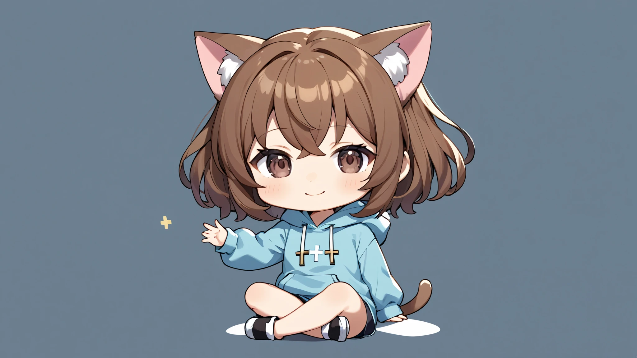Anime Girl with Cat Ears, beautiful charming anime girl,Brown haired goddess, dark eyes, Light blue hoodie, alone, from the front, smile, chibi, ((sitting cross-legged)), ((sitting)), One arm raised up, simple background